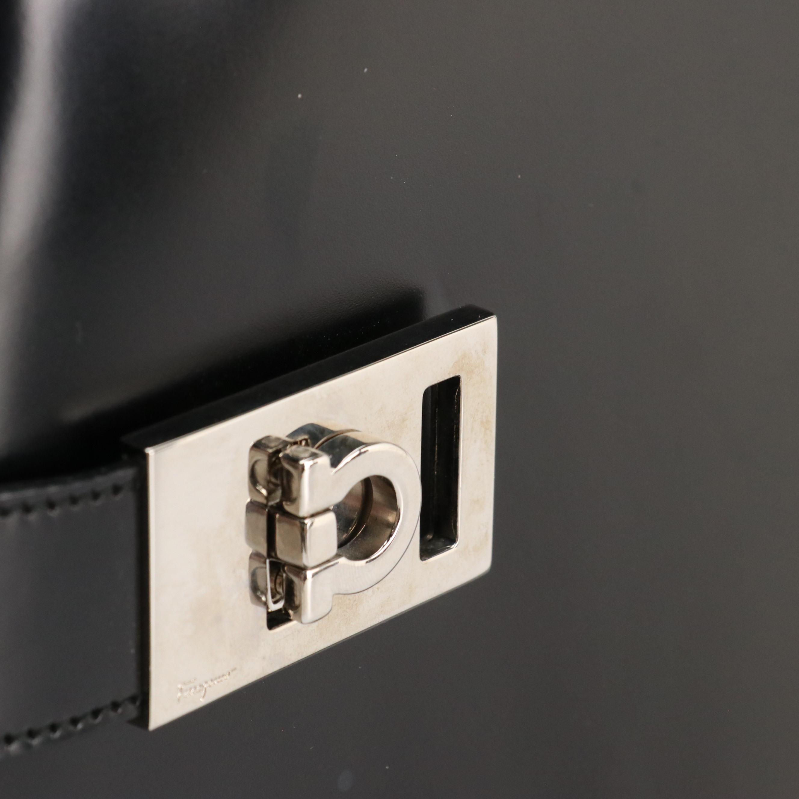 Salvatore Ferragamo Gancini Shoulder Tote in Black Leather