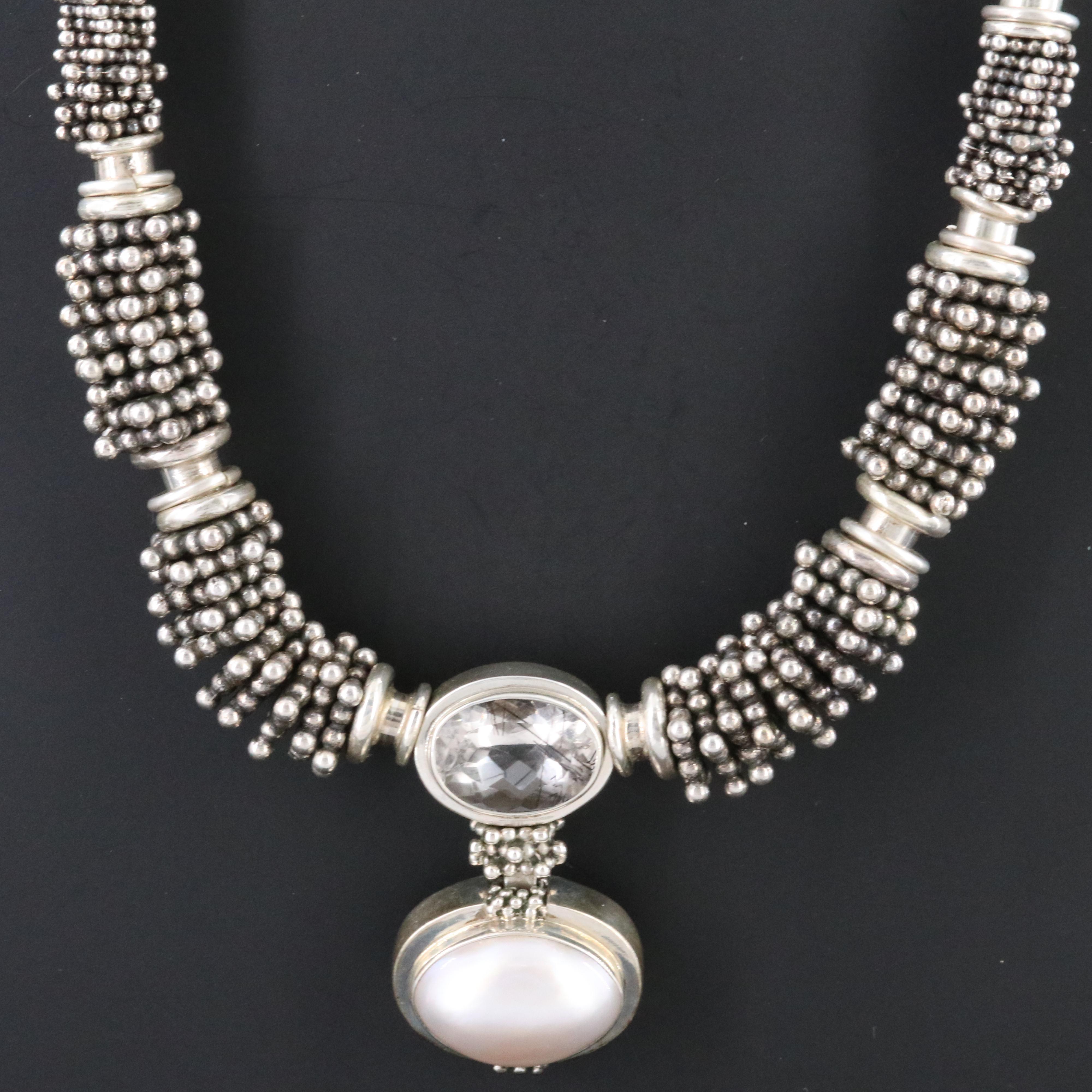 Michael Dawkins Sterling Pearl and Tourmalinated Quartz Necklace