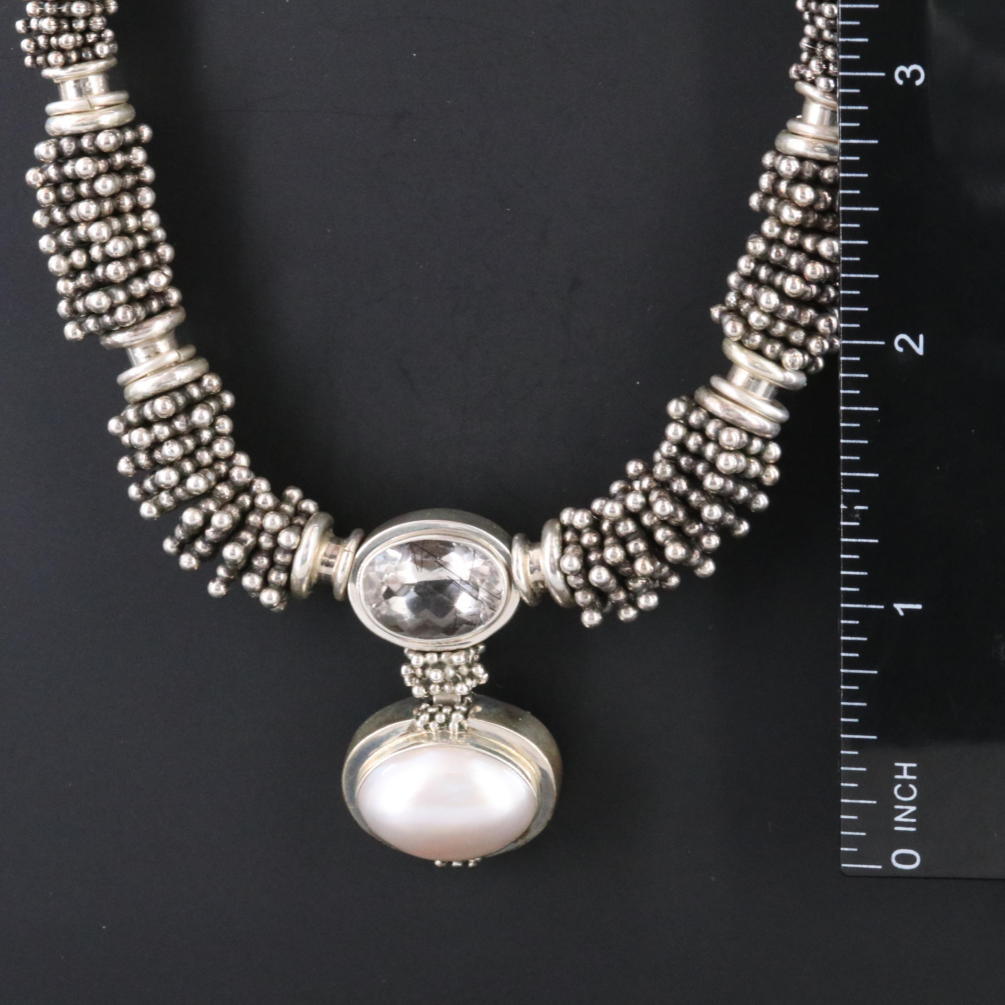 Michael Dawkins Sterling Pearl and Tourmalinated Quartz Necklace