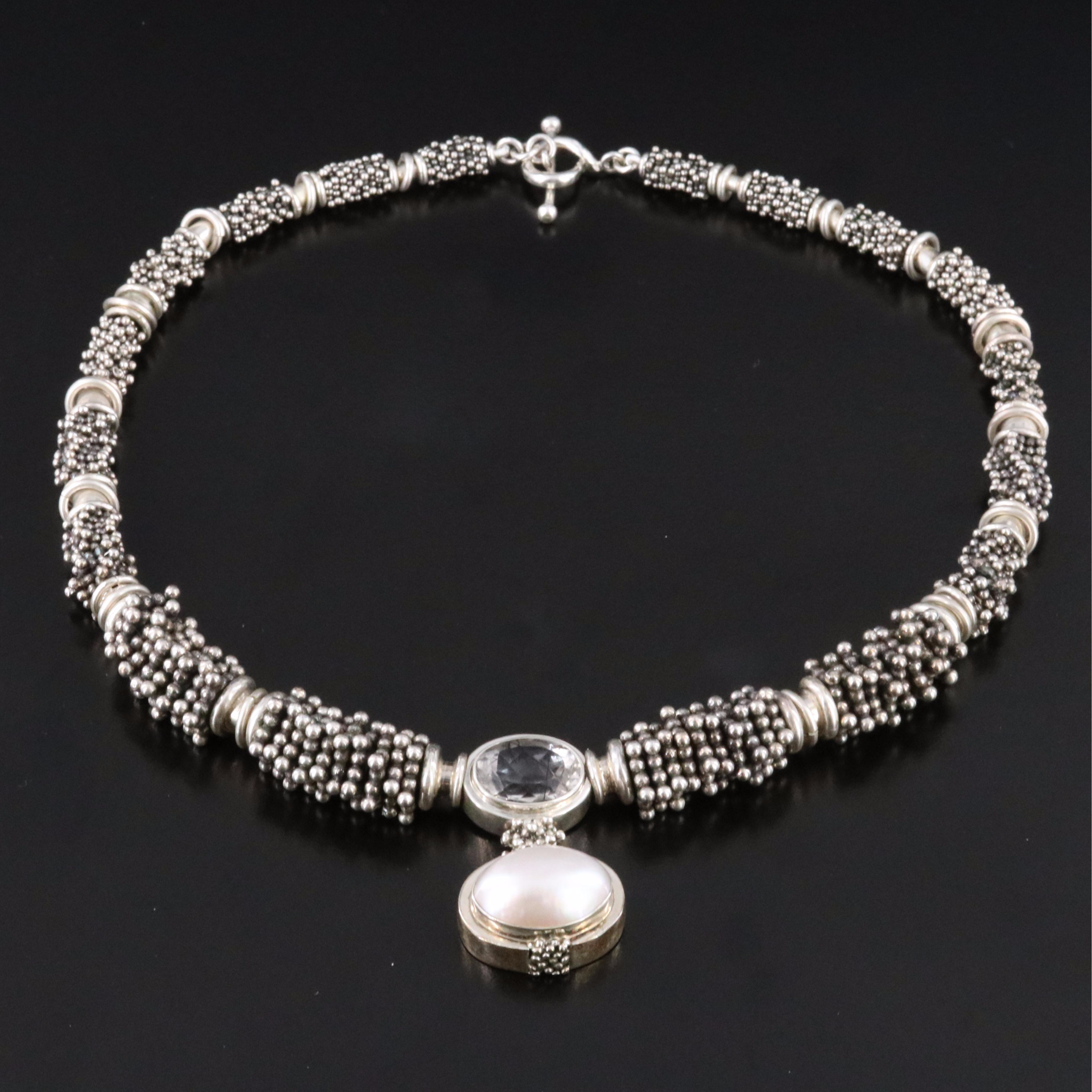 Michael Dawkins Sterling Pearl and Tourmalinated Quartz Necklace