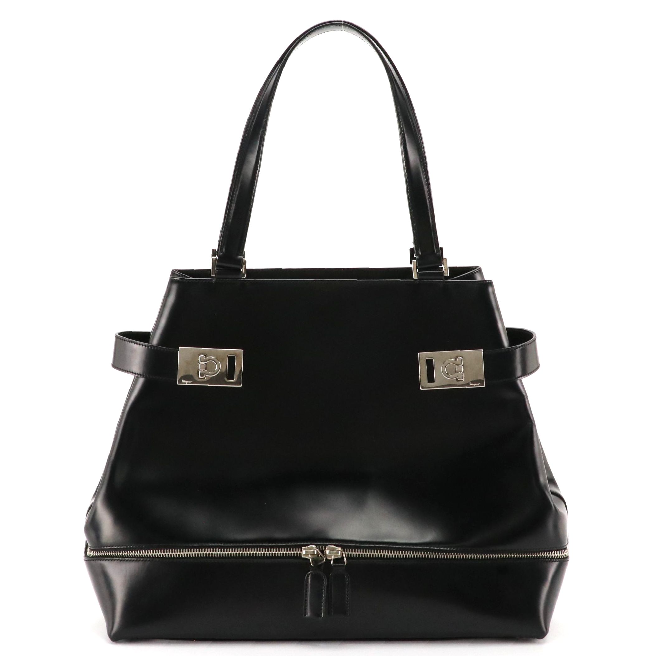 Salvatore Ferragamo Gancini Shoulder Tote in Black Leather