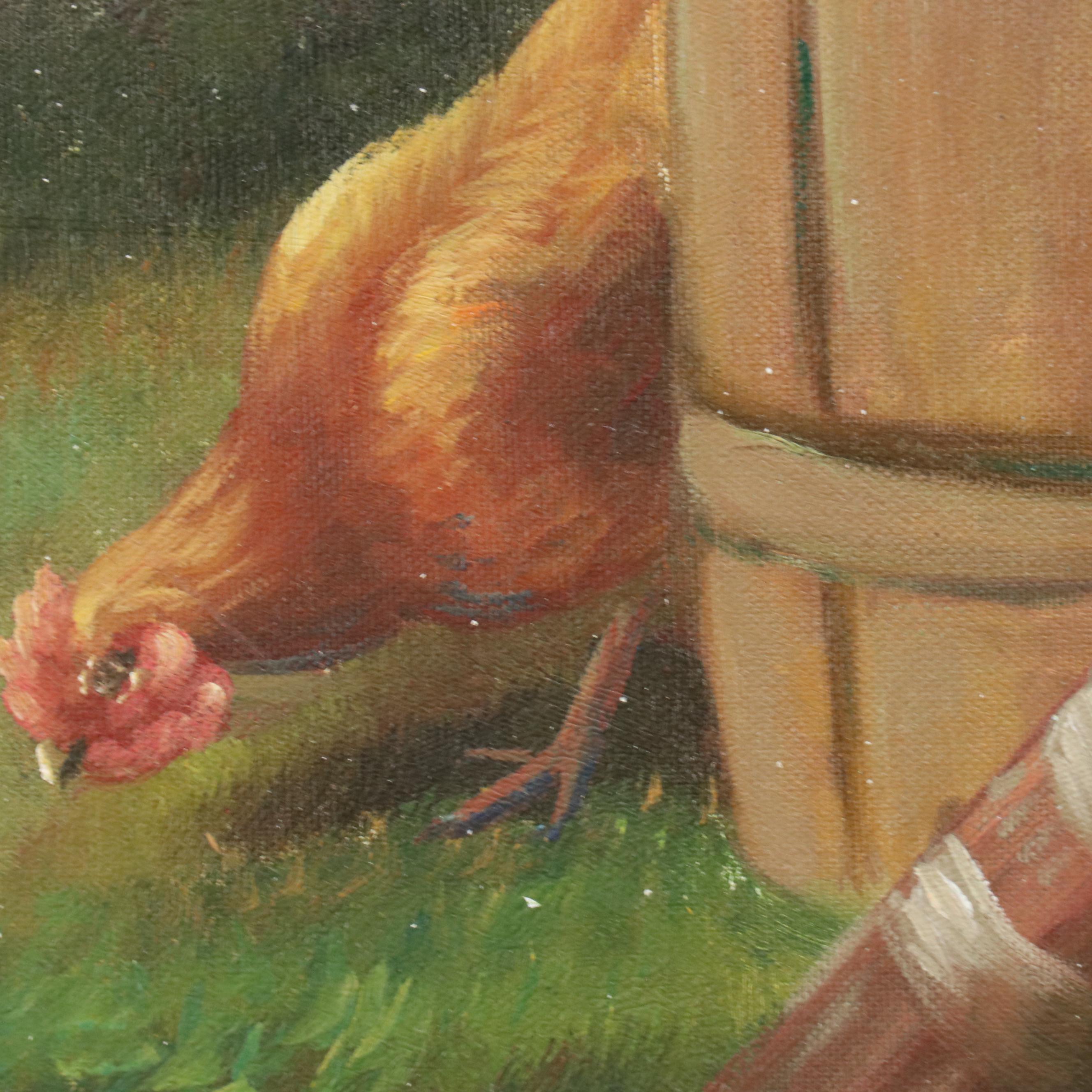 Pastoral Oil Painting After Edgar Hunt of Rooster, Hens, and Chicks