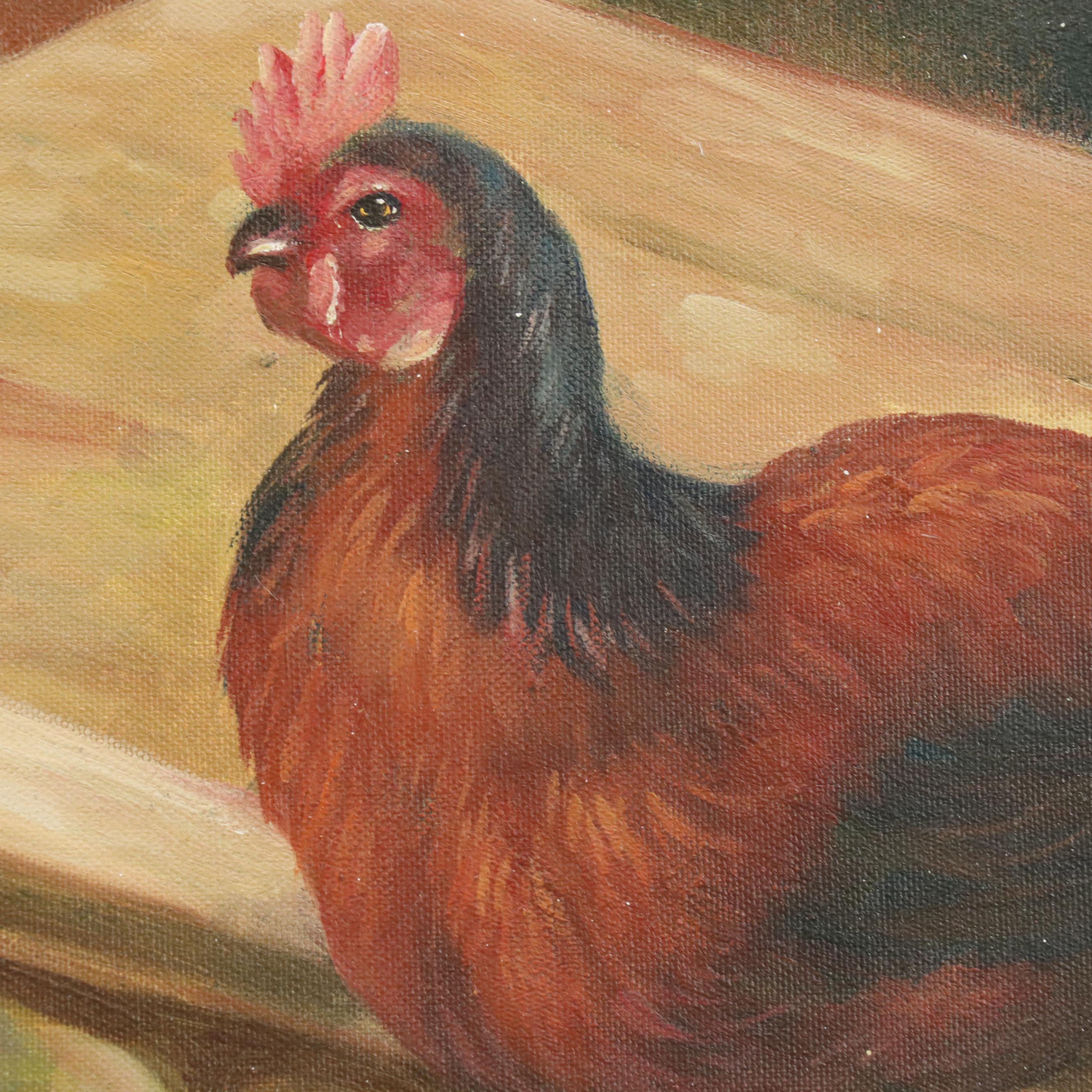 Pastoral Oil Painting After Edgar Hunt of Rooster, Hens, and Chicks