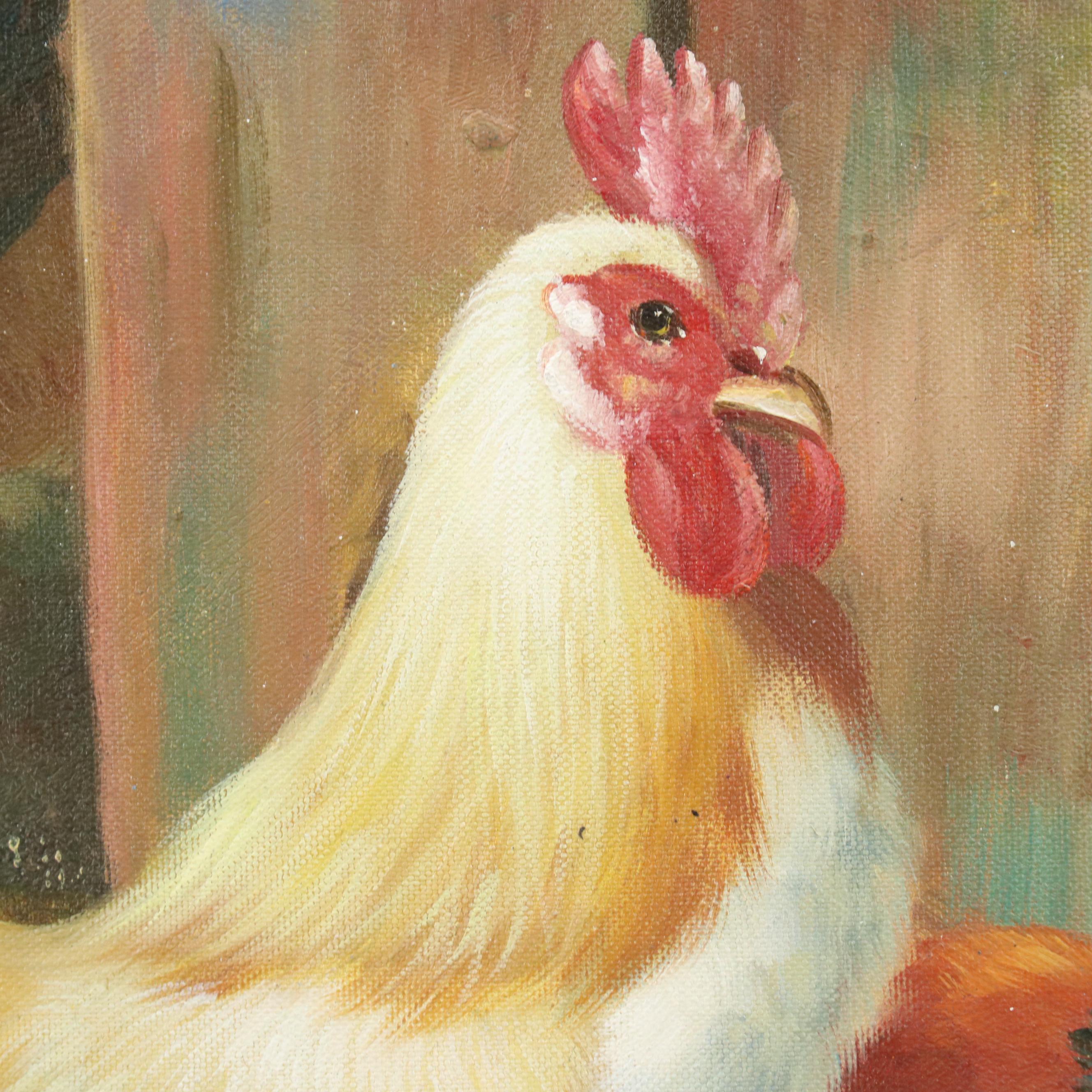 Pastoral Oil Painting After Edgar Hunt of Rooster, Hens, and Chicks