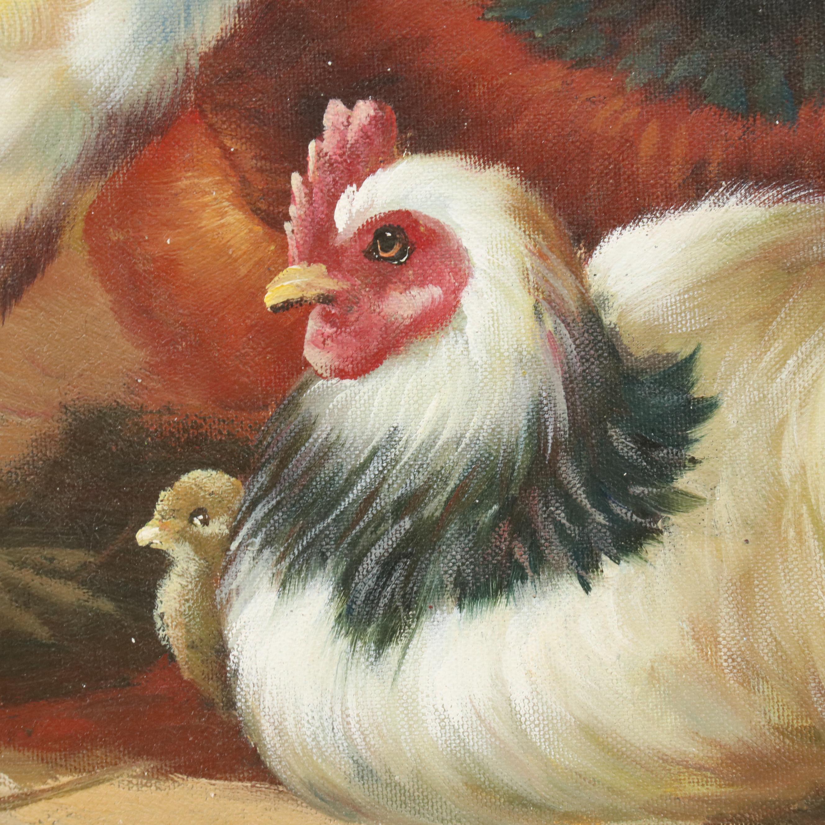 Pastoral Oil Painting After Edgar Hunt of Rooster, Hens, and Chicks