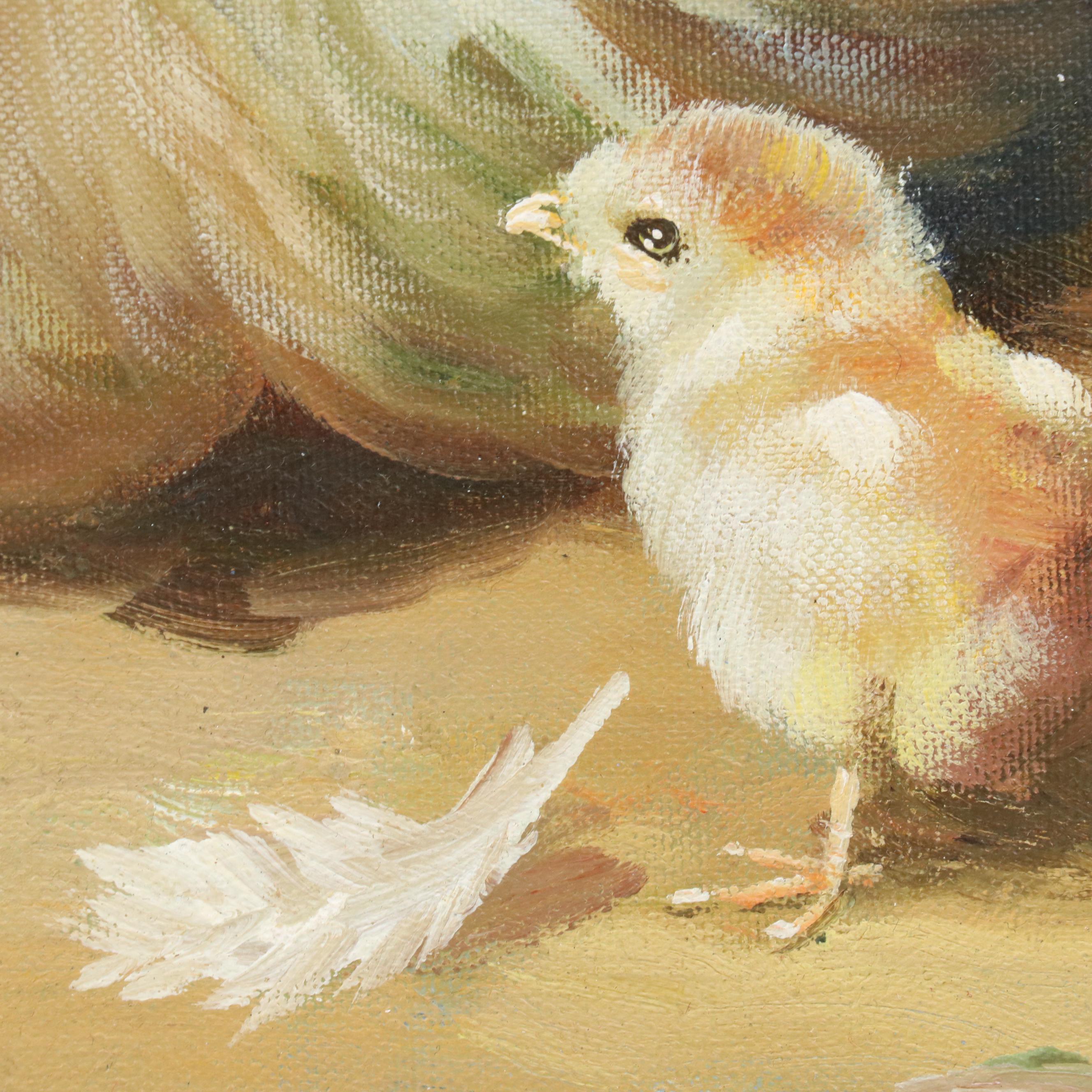 Pastoral Oil Painting After Edgar Hunt of Rooster, Hens, and Chicks