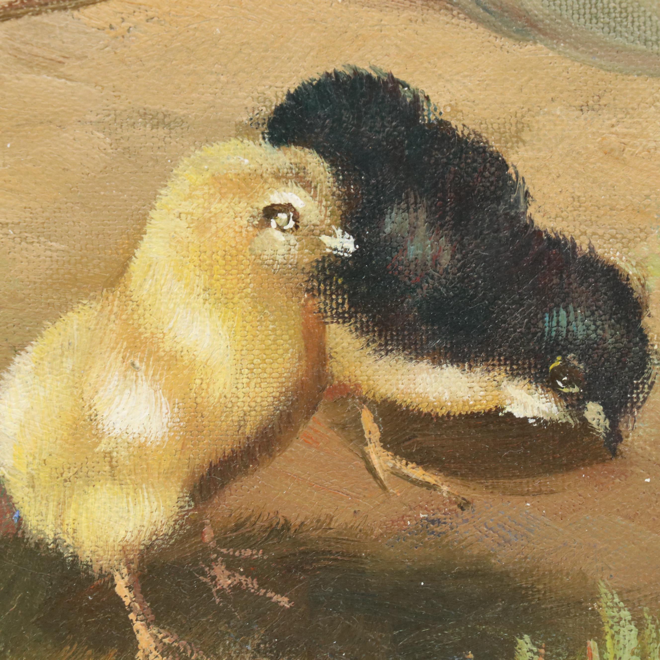 Pastoral Oil Painting After Edgar Hunt of Rooster, Hens, and Chicks