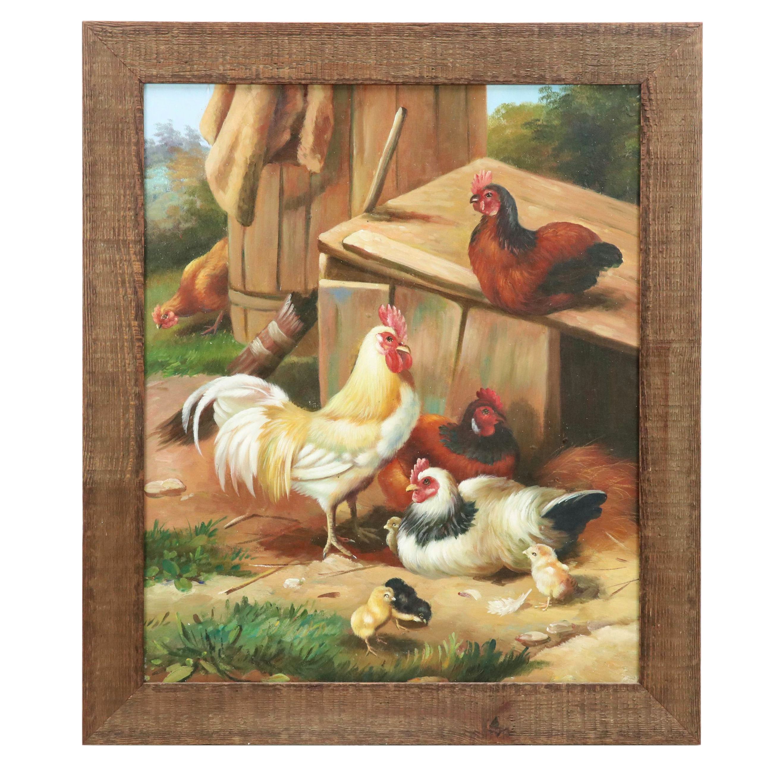 Pastoral Oil Painting After Edgar Hunt of Rooster, Hens, and Chicks