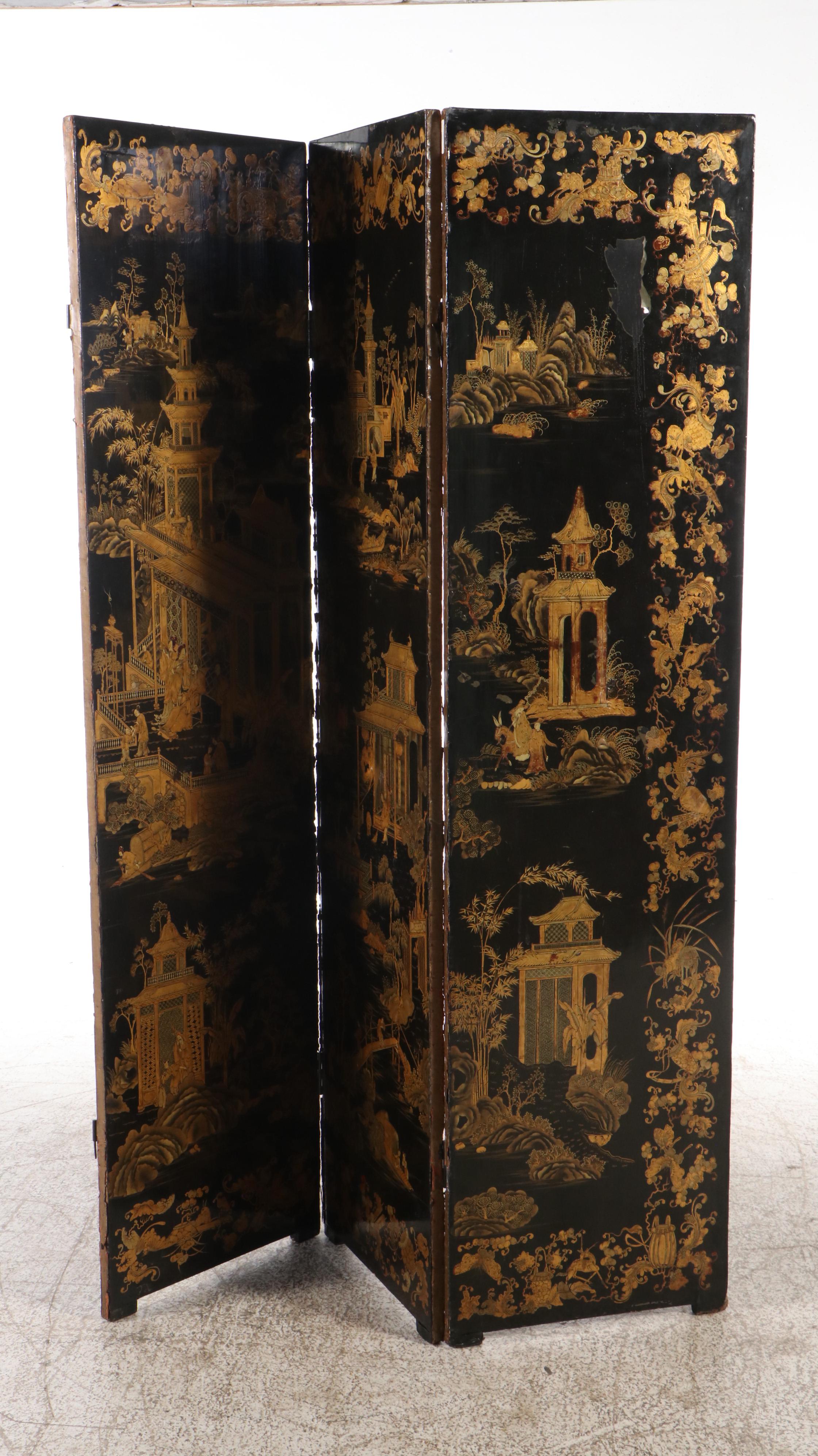 Chinese Hand-Decorated Parcel-Gilt and Lacquered Three-Panel Room Divider