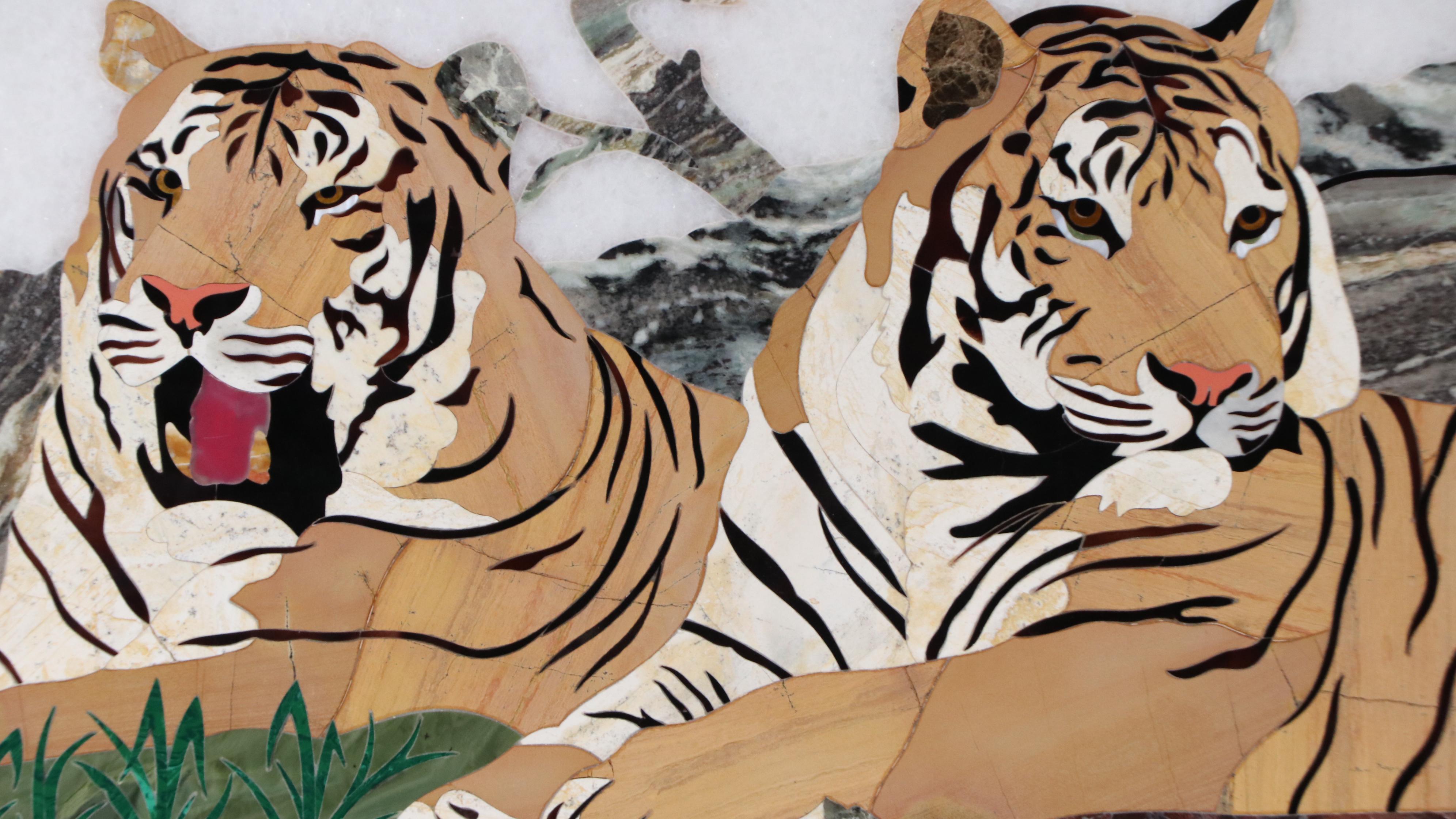 Pietra Dura Inlaid Stone Mosaic of Two Lounging Tigers