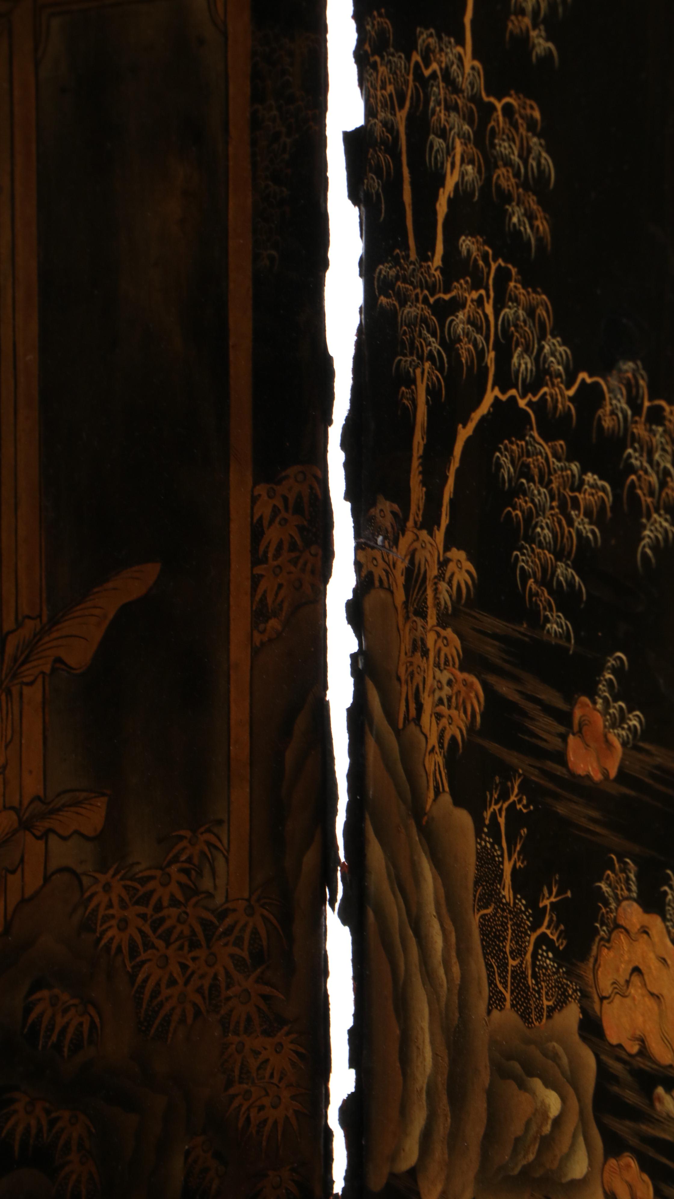 Chinese Hand-Decorated Parcel-Gilt and Lacquered Three-Panel Room Divider