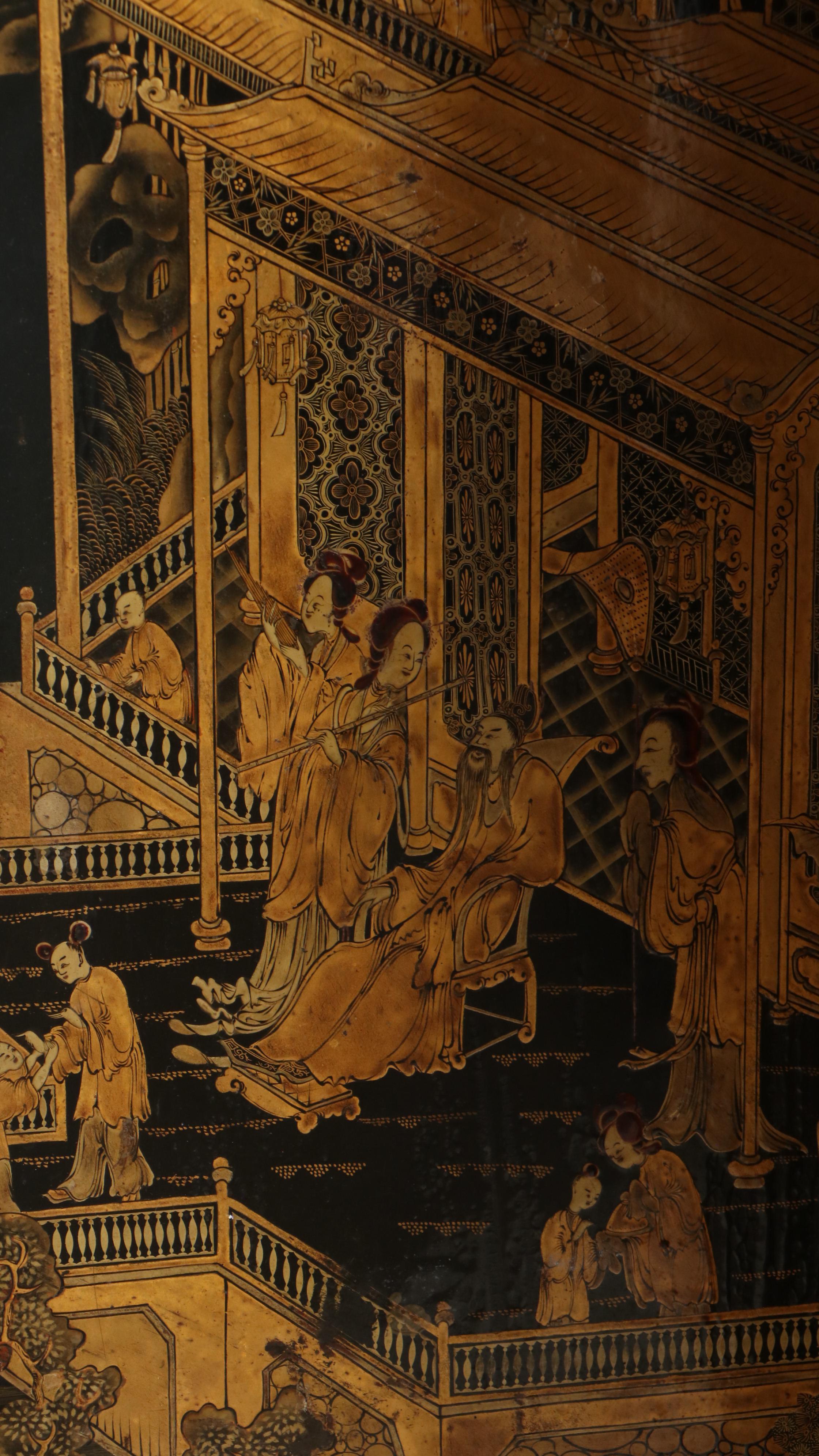 Chinese Hand-Decorated Parcel-Gilt and Lacquered Three-Panel Room Divider