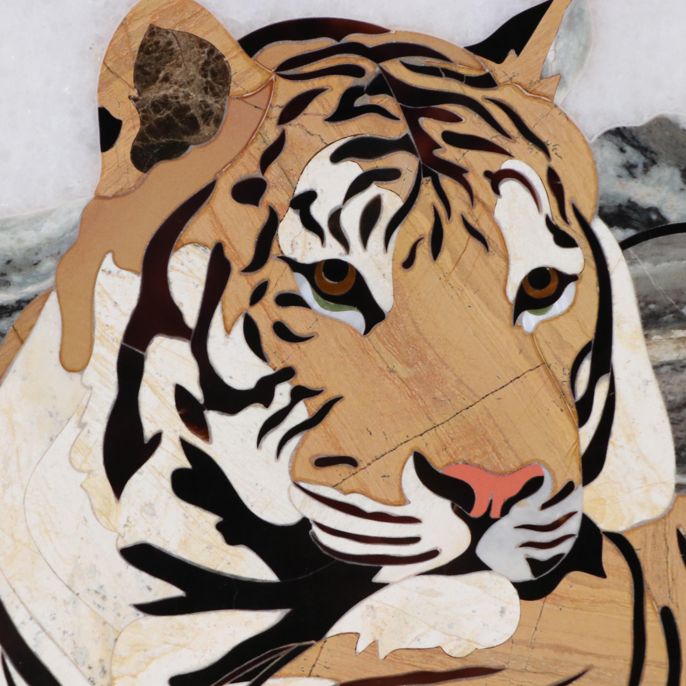 Pietra Dura Inlaid Stone Mosaic of Two Lounging Tigers