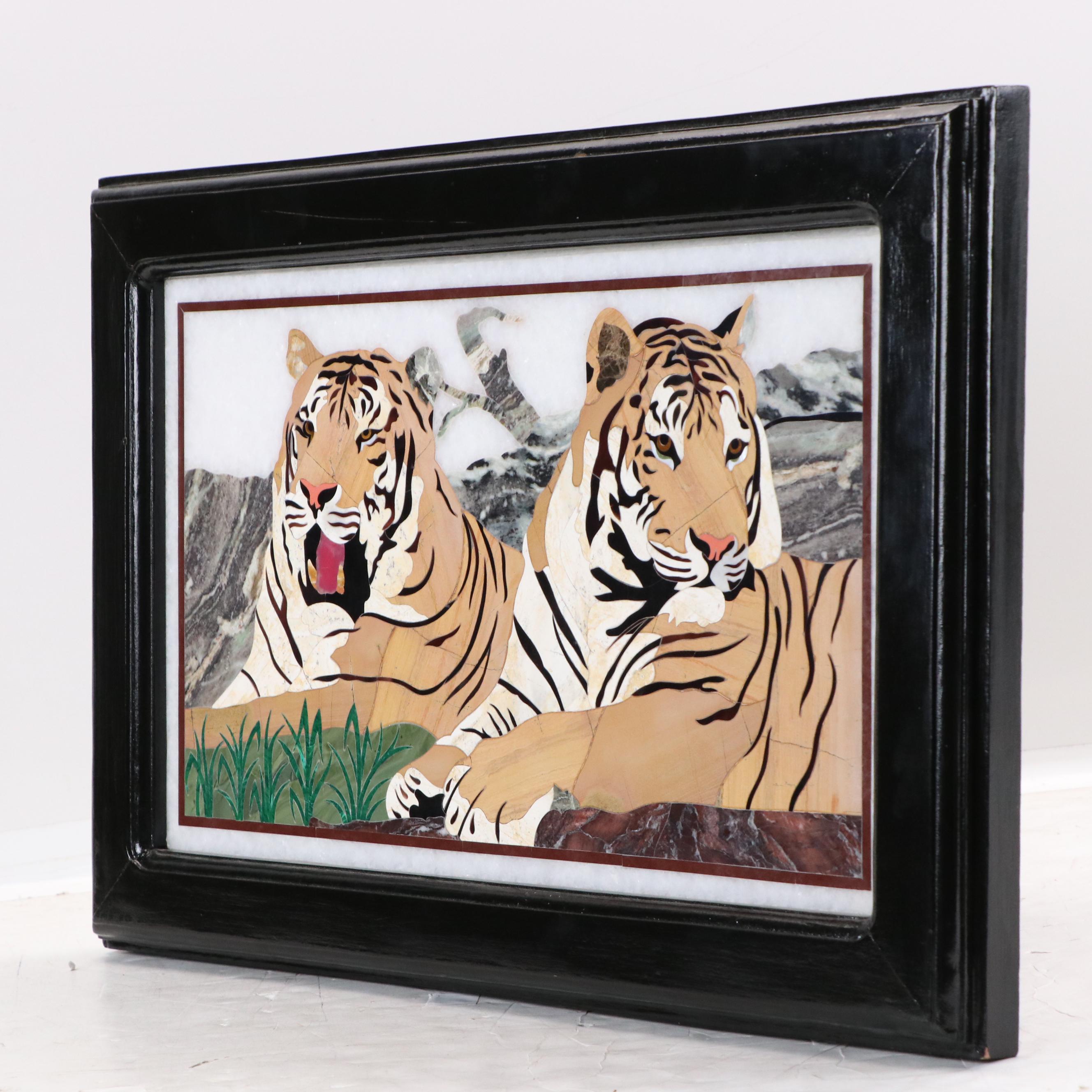 Pietra Dura Inlaid Stone Mosaic of Two Lounging Tigers