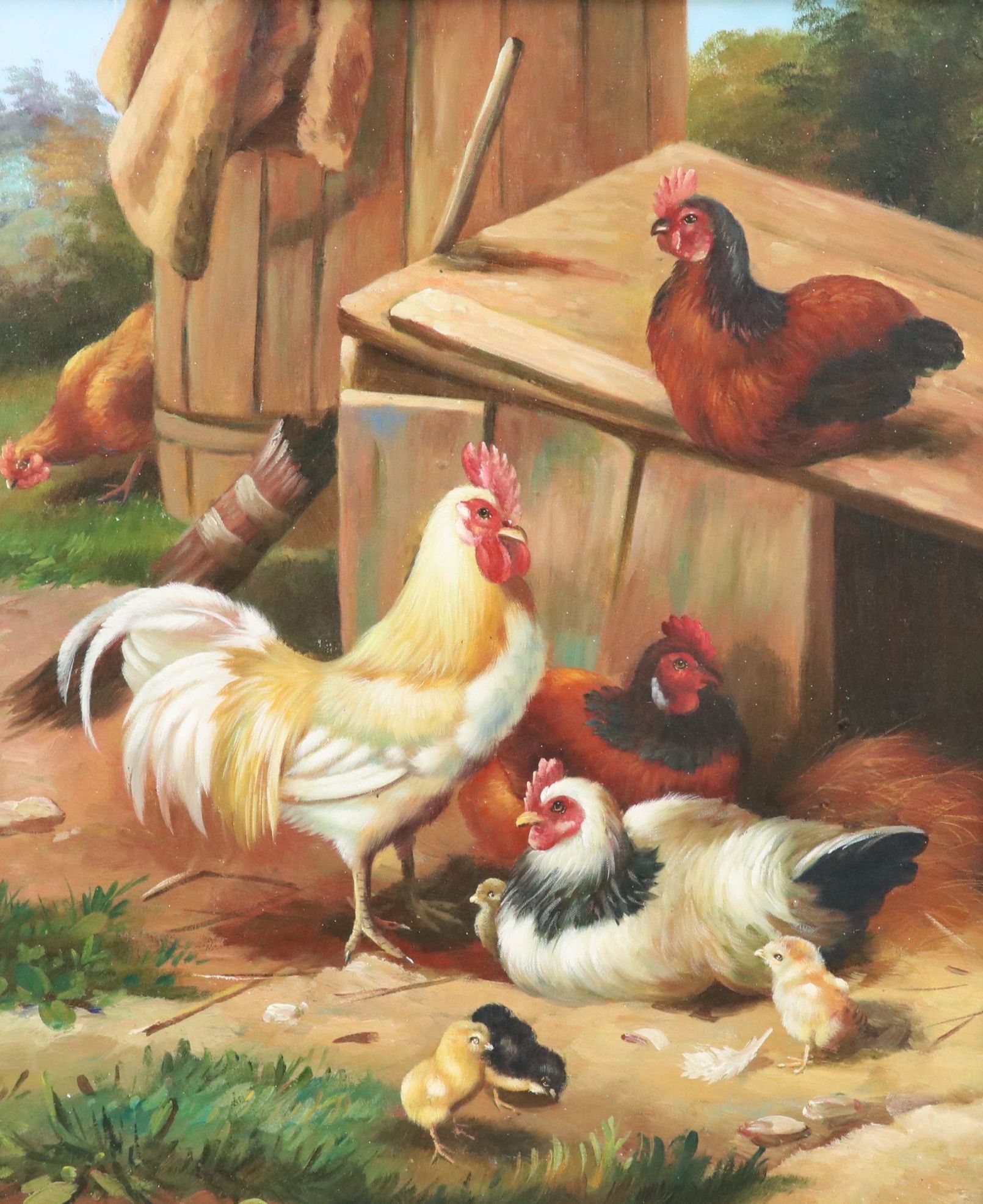 Pastoral Oil Painting After Edgar Hunt of Rooster, Hens, and Chicks