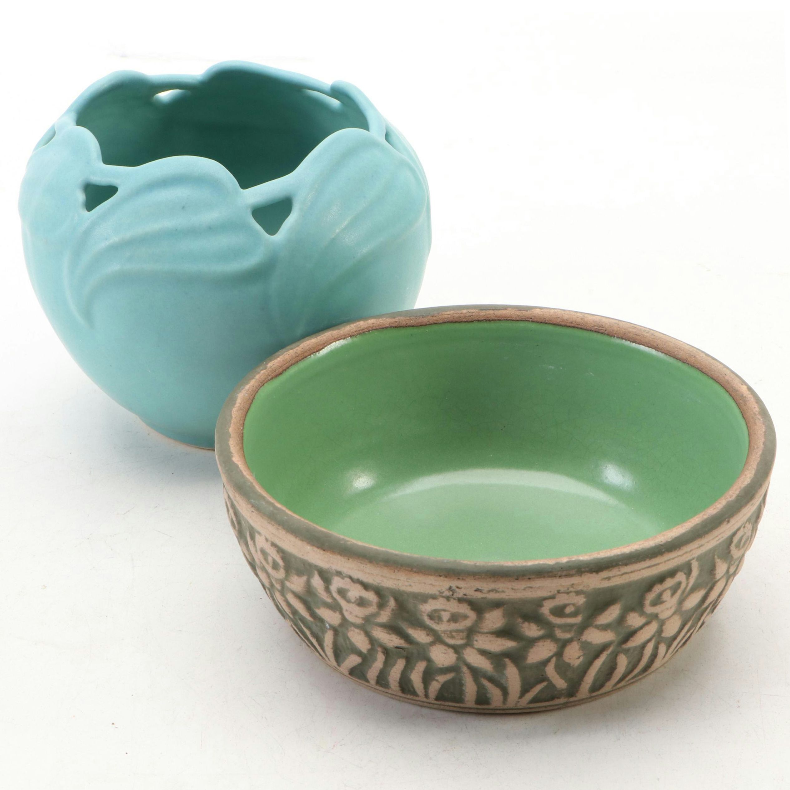 Van Briggle Pottery Philodendron Leaf Vase with Daffodil Stoneware Bowl