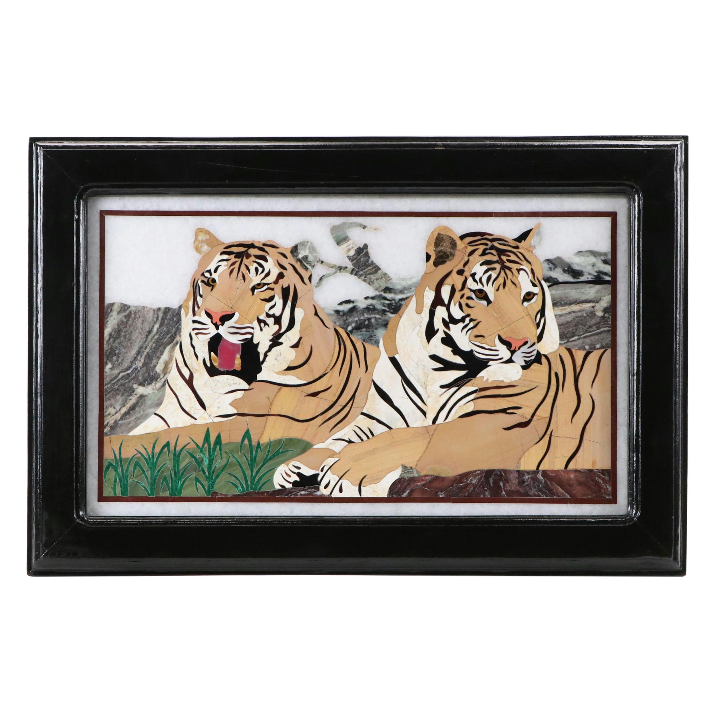 Pietra Dura Inlaid Stone Mosaic of Two Lounging Tigers