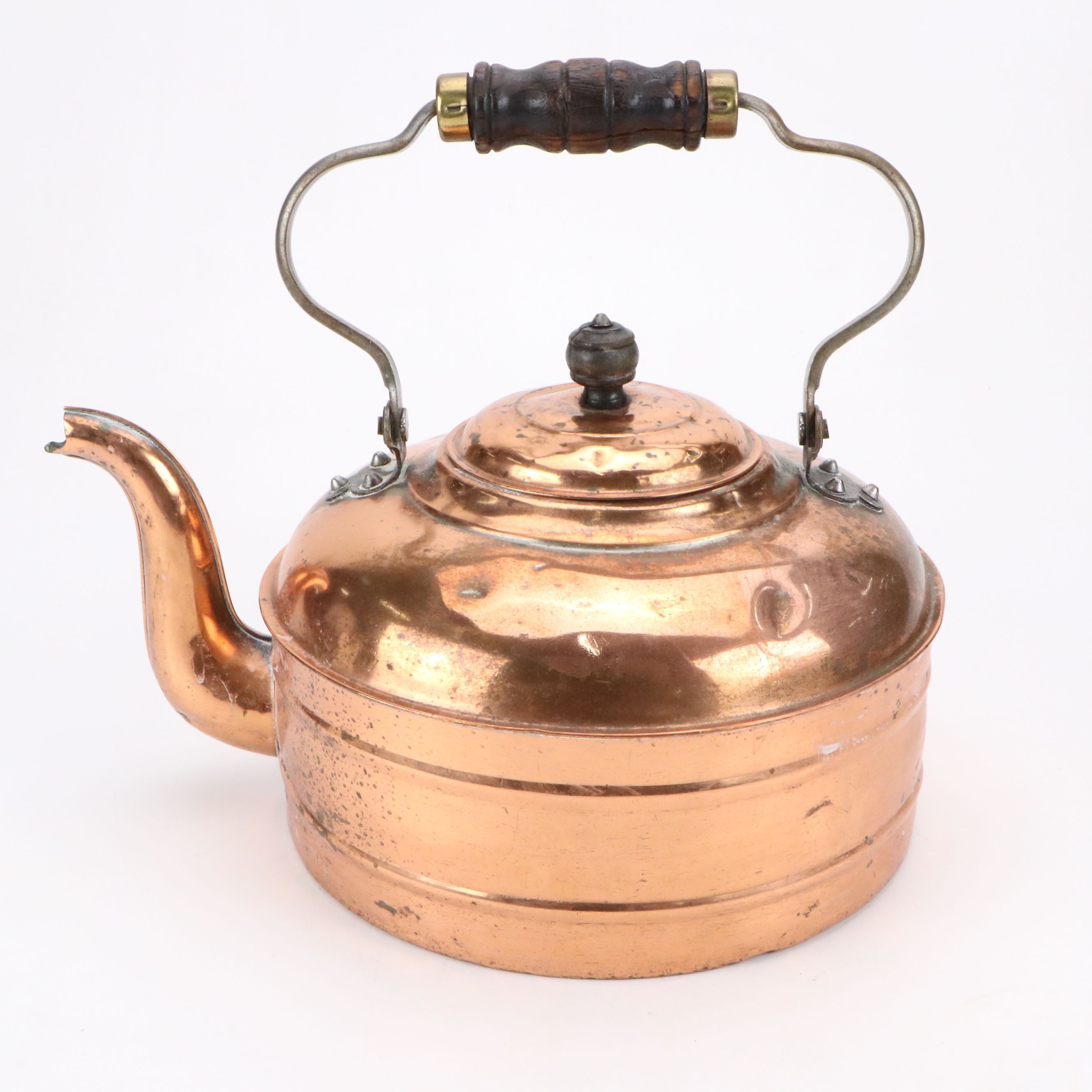 Wood Handled Copper Tea Kettle, Early 20th Century