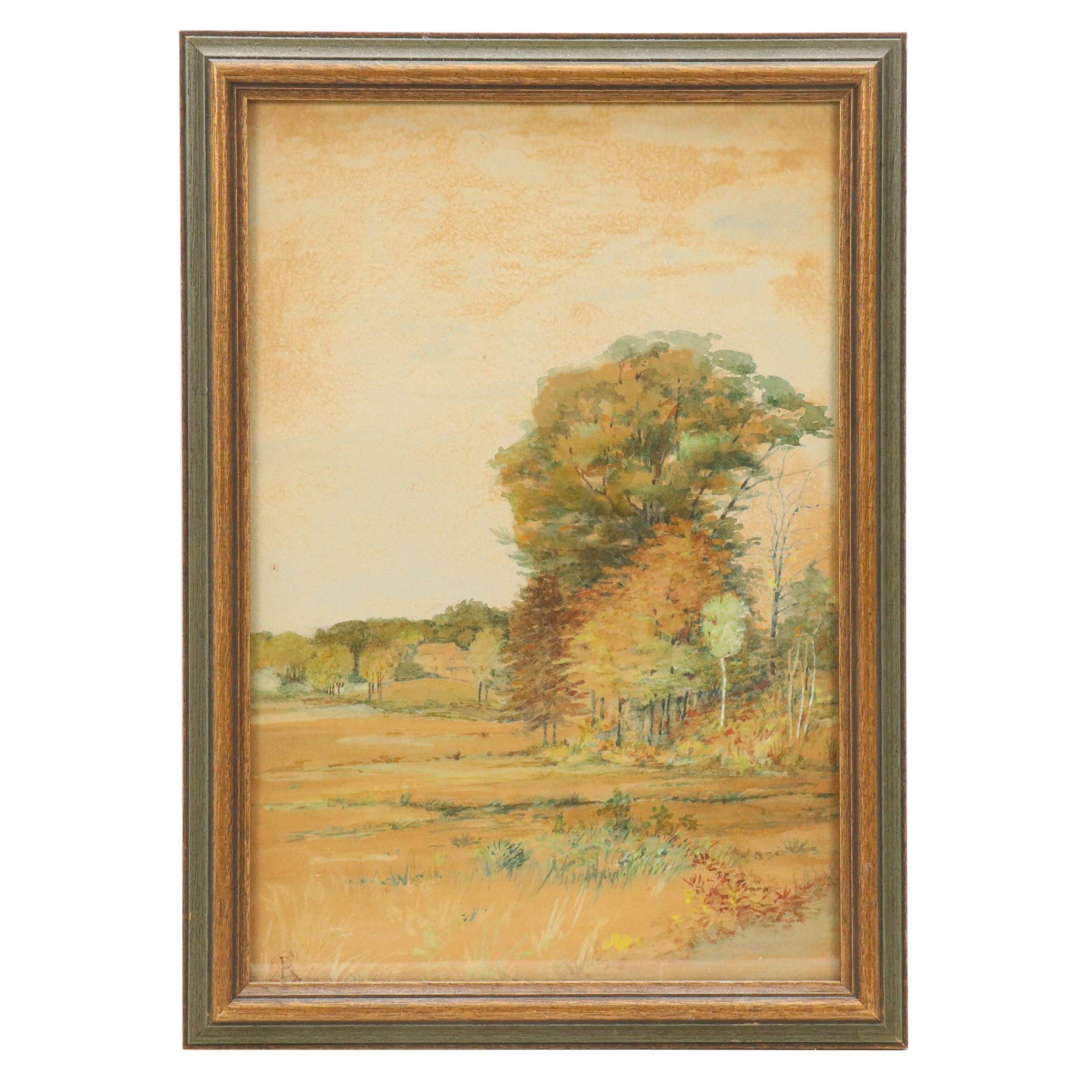 Bucolic Landscape Watercolor Painting, Early 20th Century