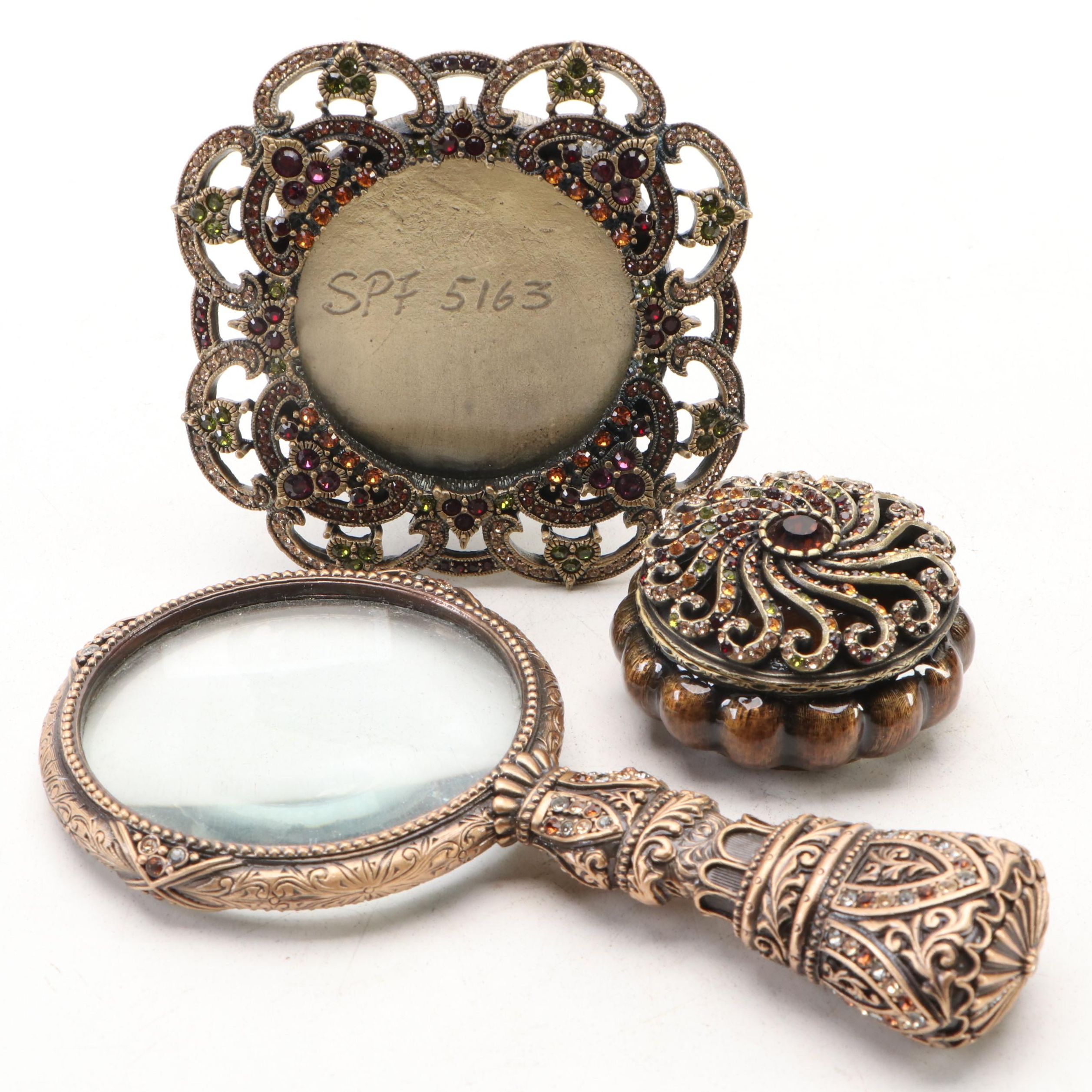 Jay Strongwater Embellished Brass Picture Frame, Box and Magnifying Glass