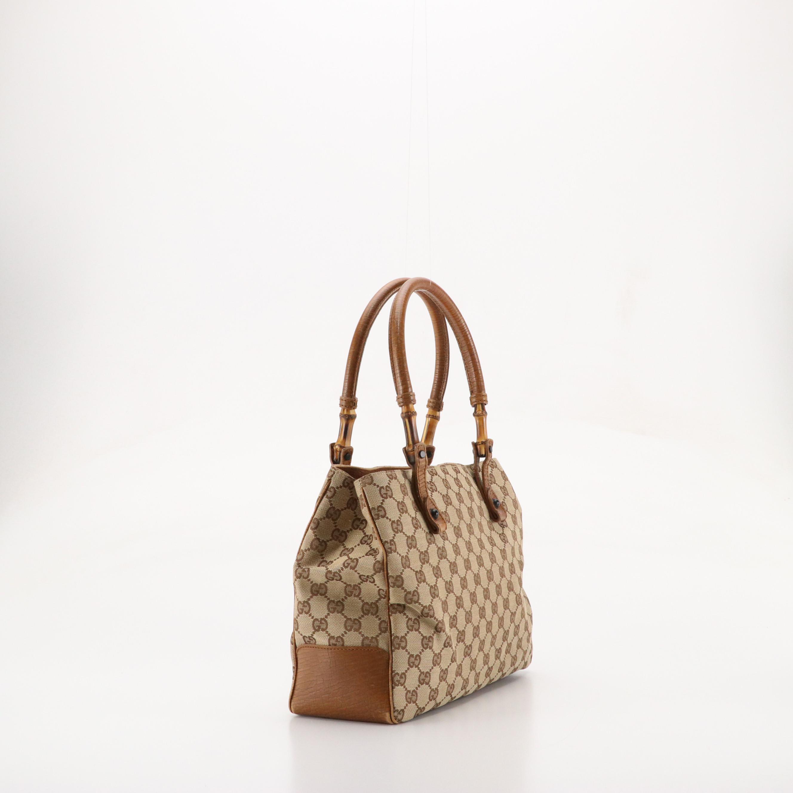 Gucci Bamboo Accented Tote in Brown GG Canvas and Leather Trim
