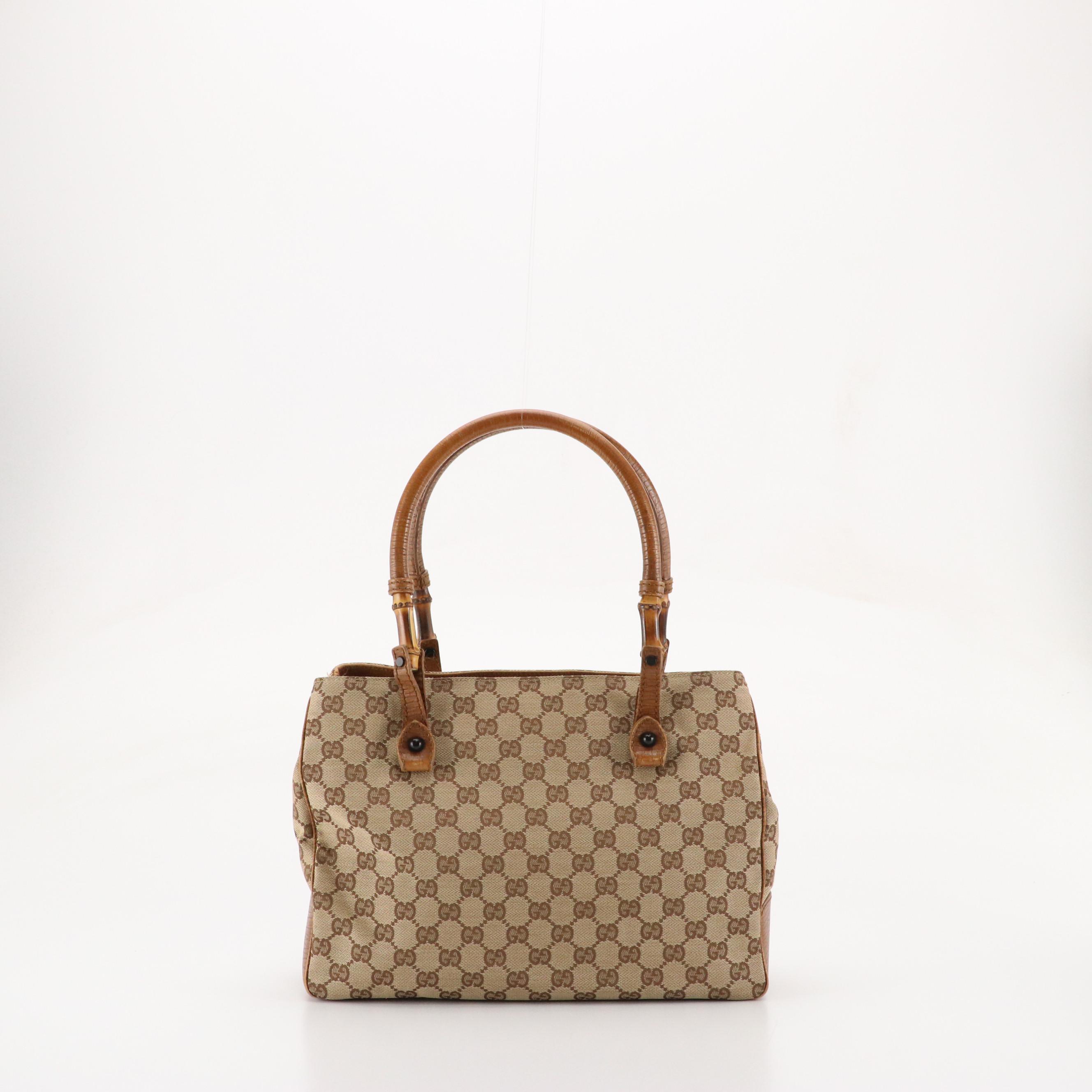 Gucci Bamboo Accented Tote in Brown GG Canvas and Leather Trim