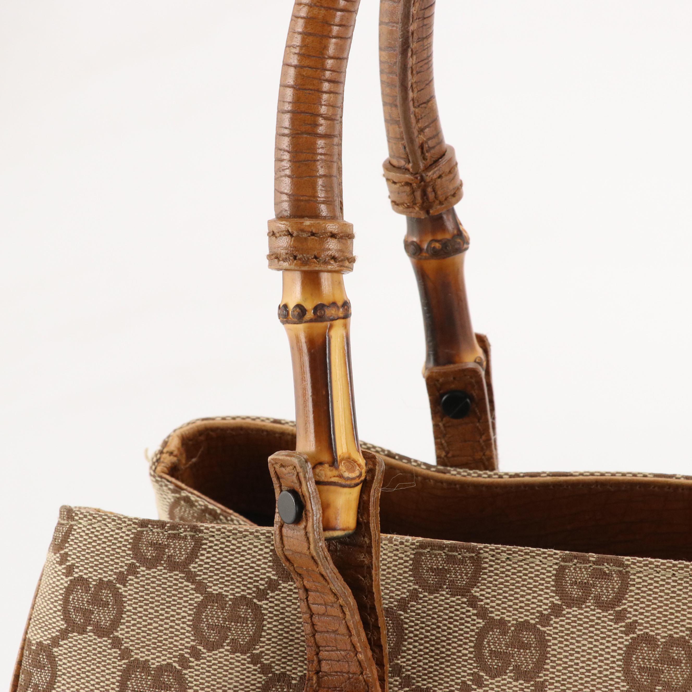 Gucci Bamboo Accented Tote in Brown GG Canvas and Leather Trim