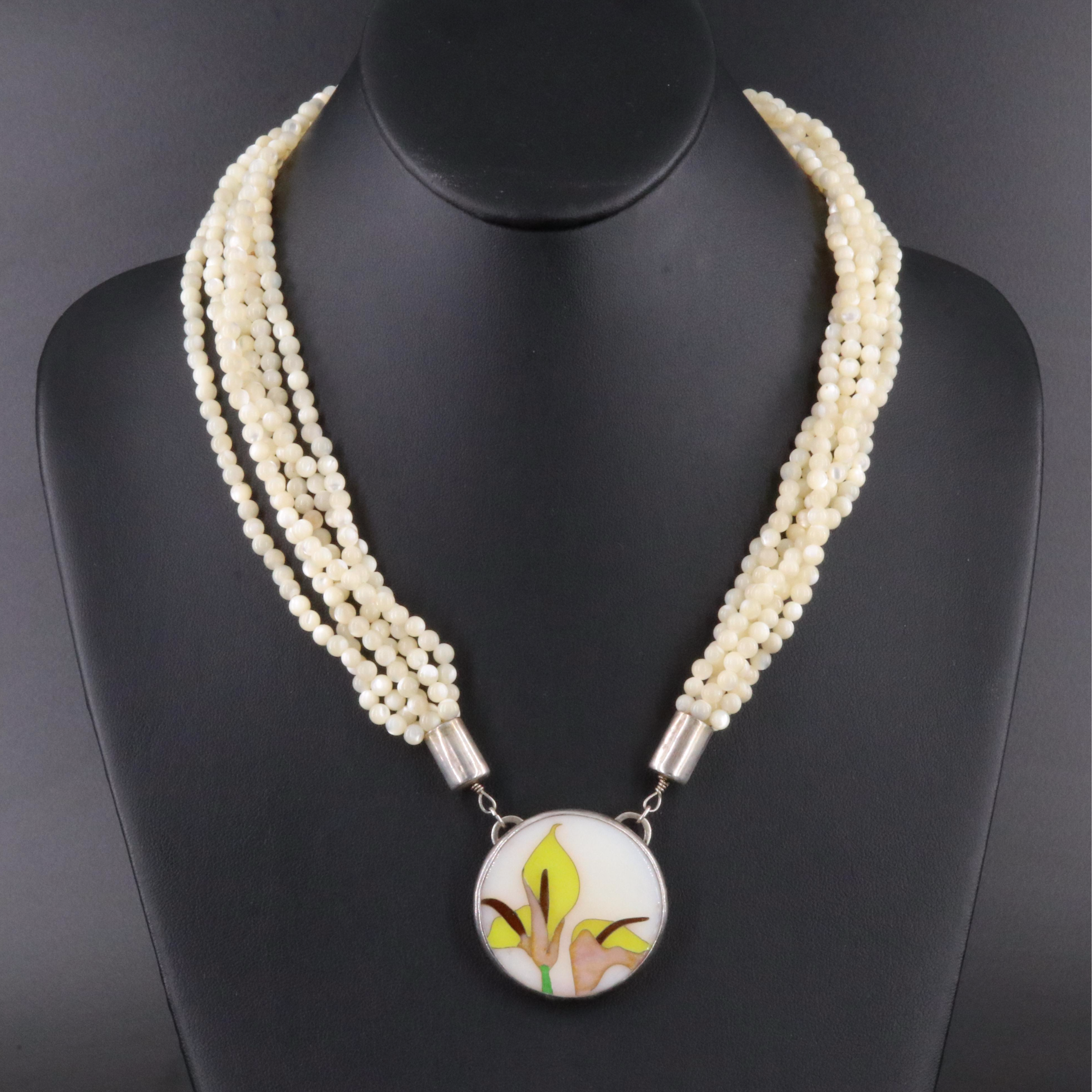 Sterling Six Strand Mother-of-Pearl and Enamel Necklace
