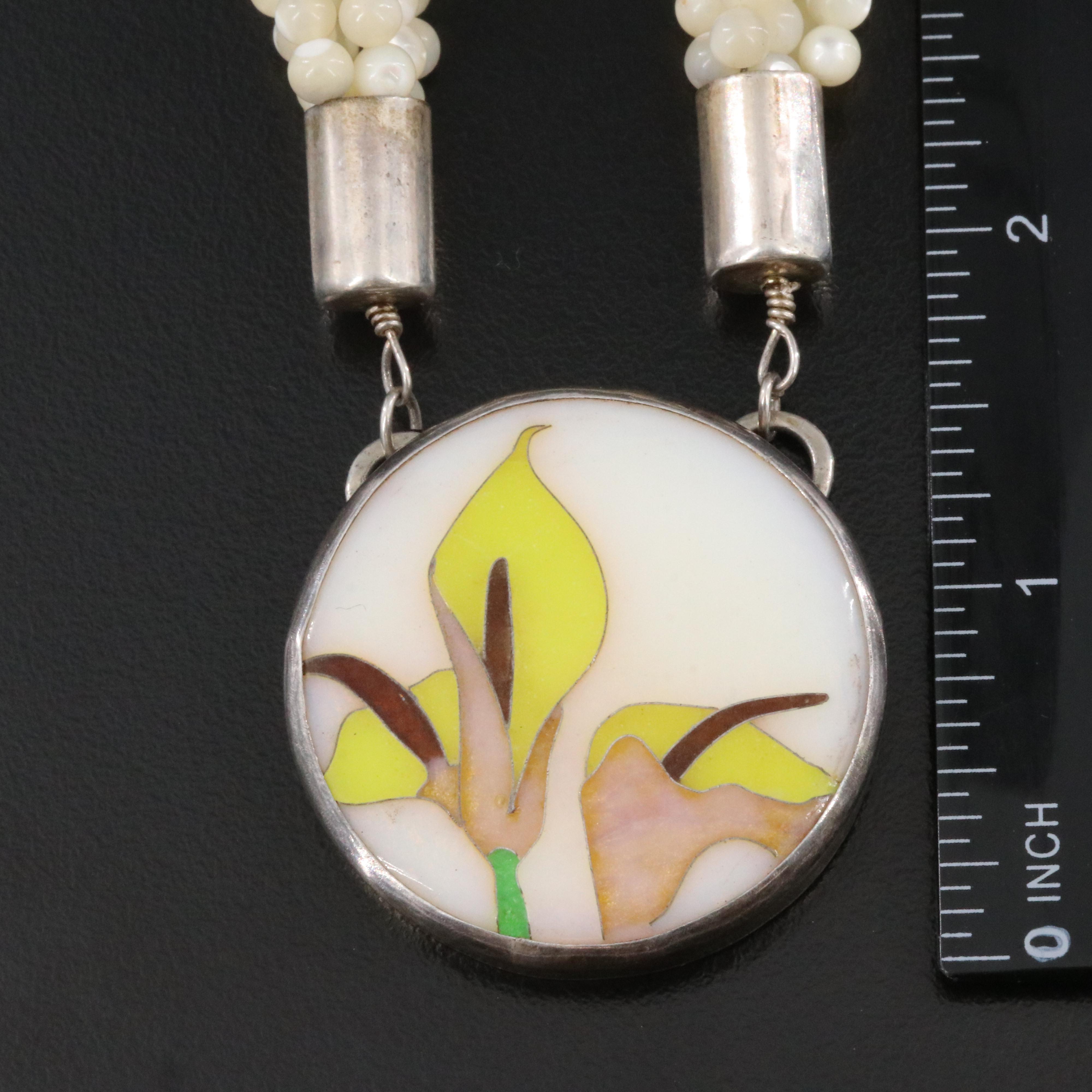 Sterling Six Strand Mother-of-Pearl and Enamel Necklace