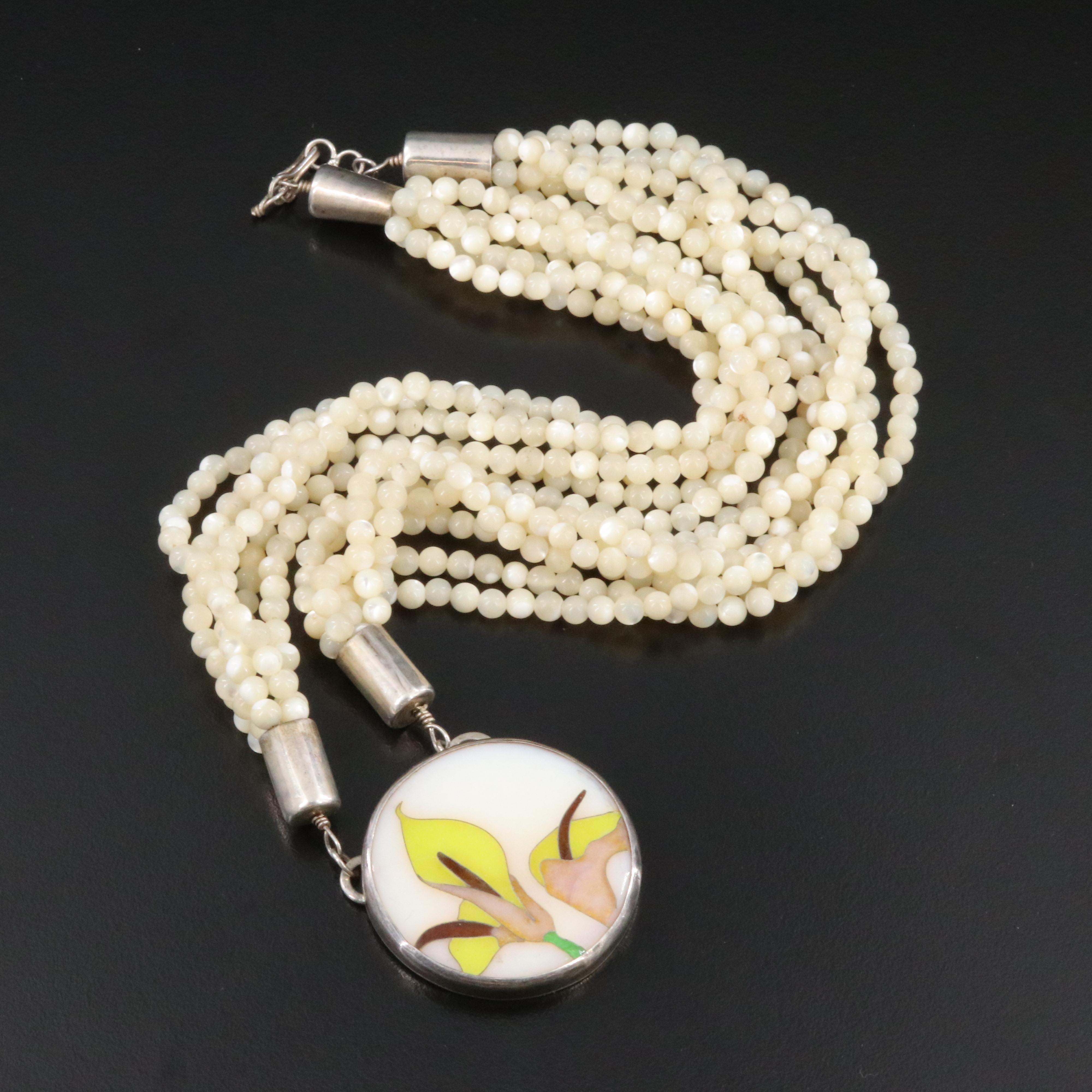 Sterling Six Strand Mother-of-Pearl and Enamel Necklace