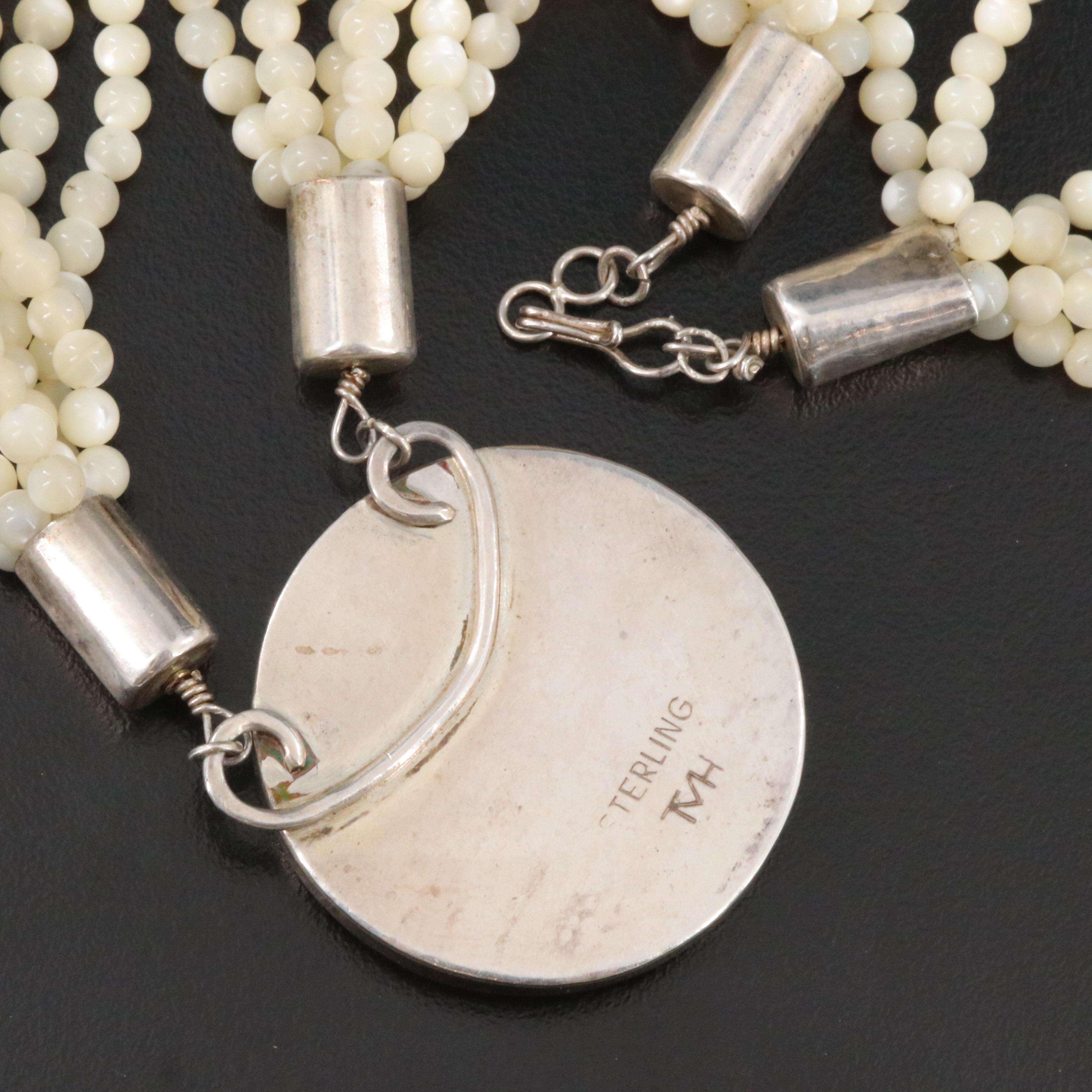 Sterling Six Strand Mother-of-Pearl and Enamel Necklace