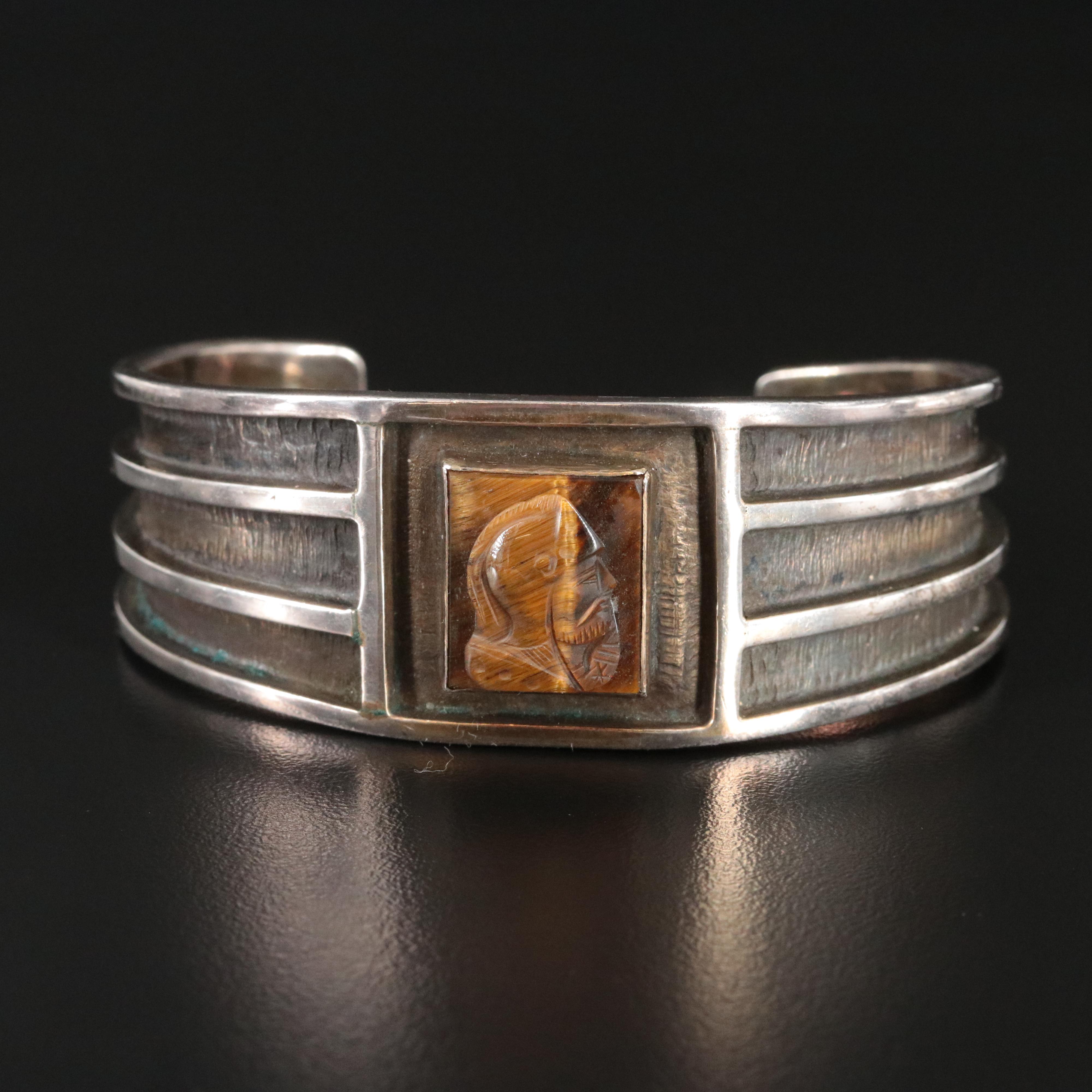 Sterling Tiger's Eye Roman Soldier Cameo Cuff Bracelet