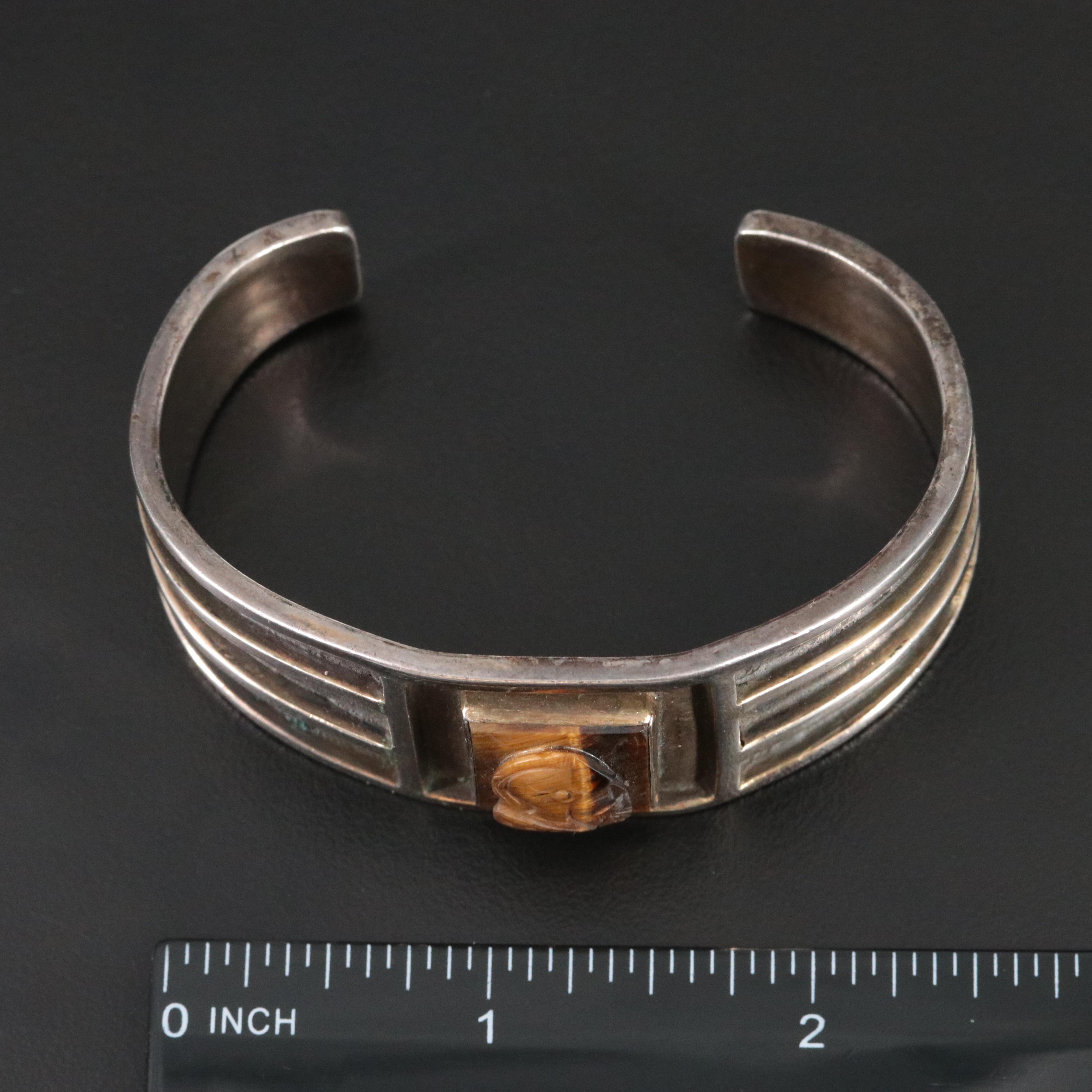 Sterling Tiger's Eye Roman Soldier Cameo Cuff Bracelet