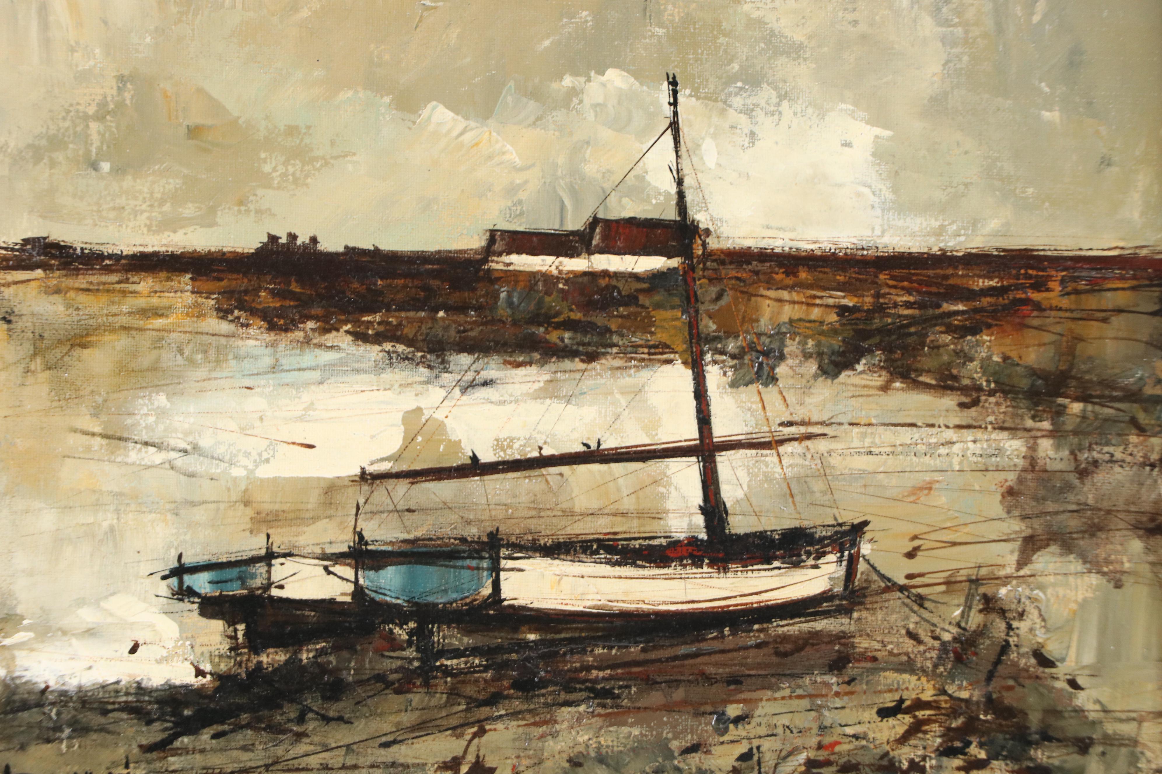 Bunuel Stylized Maritime Oil Painting of Sailboat in Bay, 1967