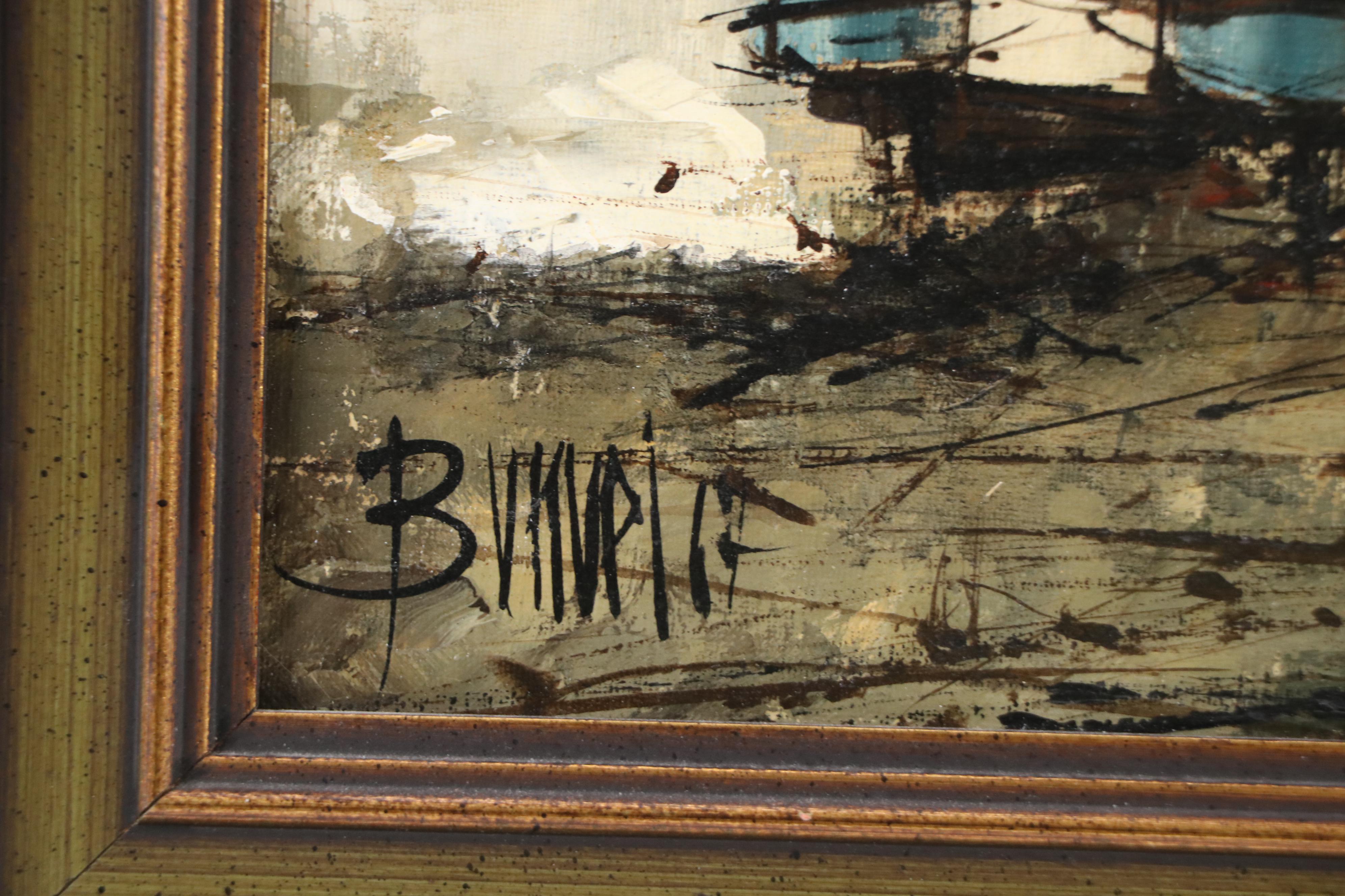 Bunuel Stylized Maritime Oil Painting of Sailboat in Bay, 1967