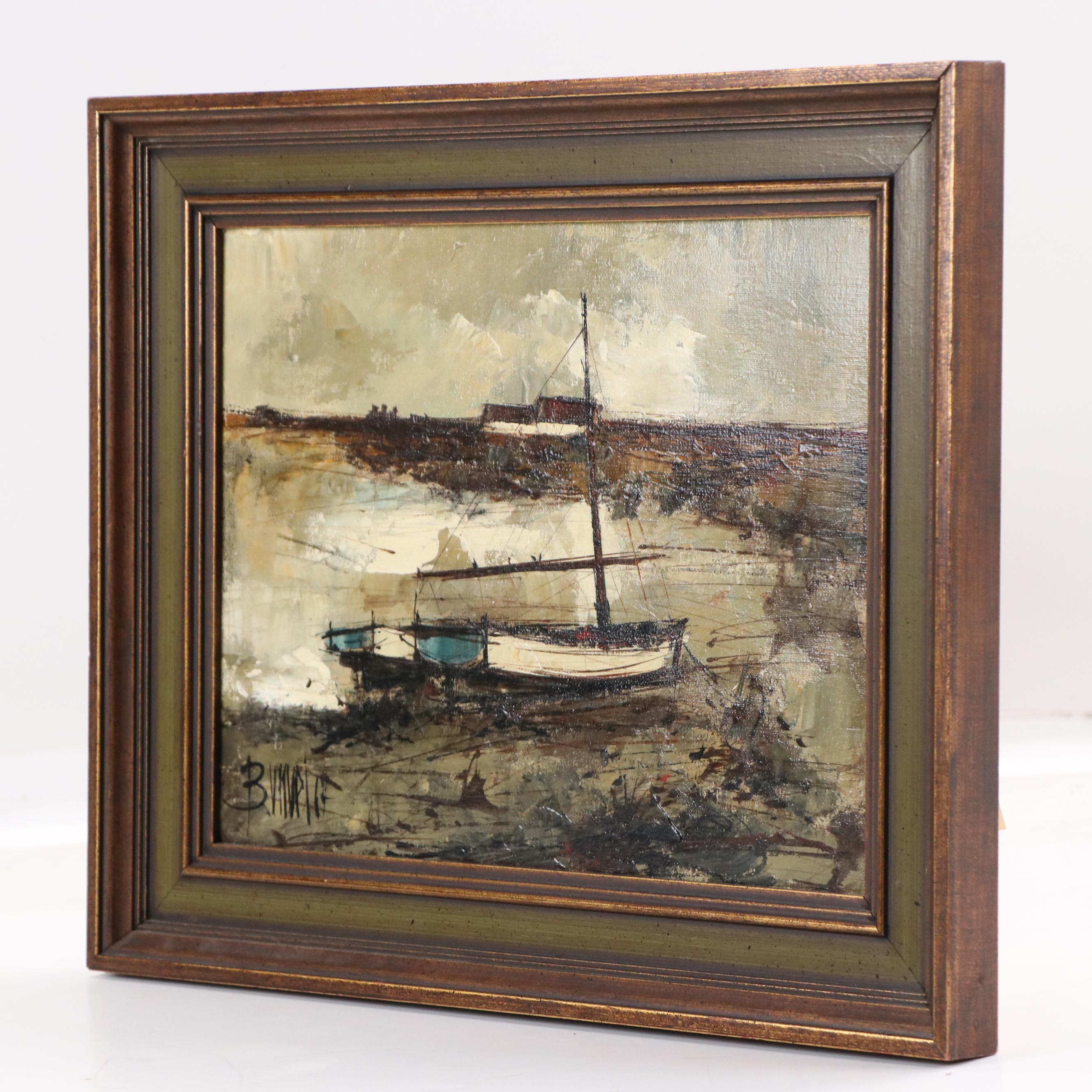 Bunuel Stylized Maritime Oil Painting of Sailboat in Bay, 1967