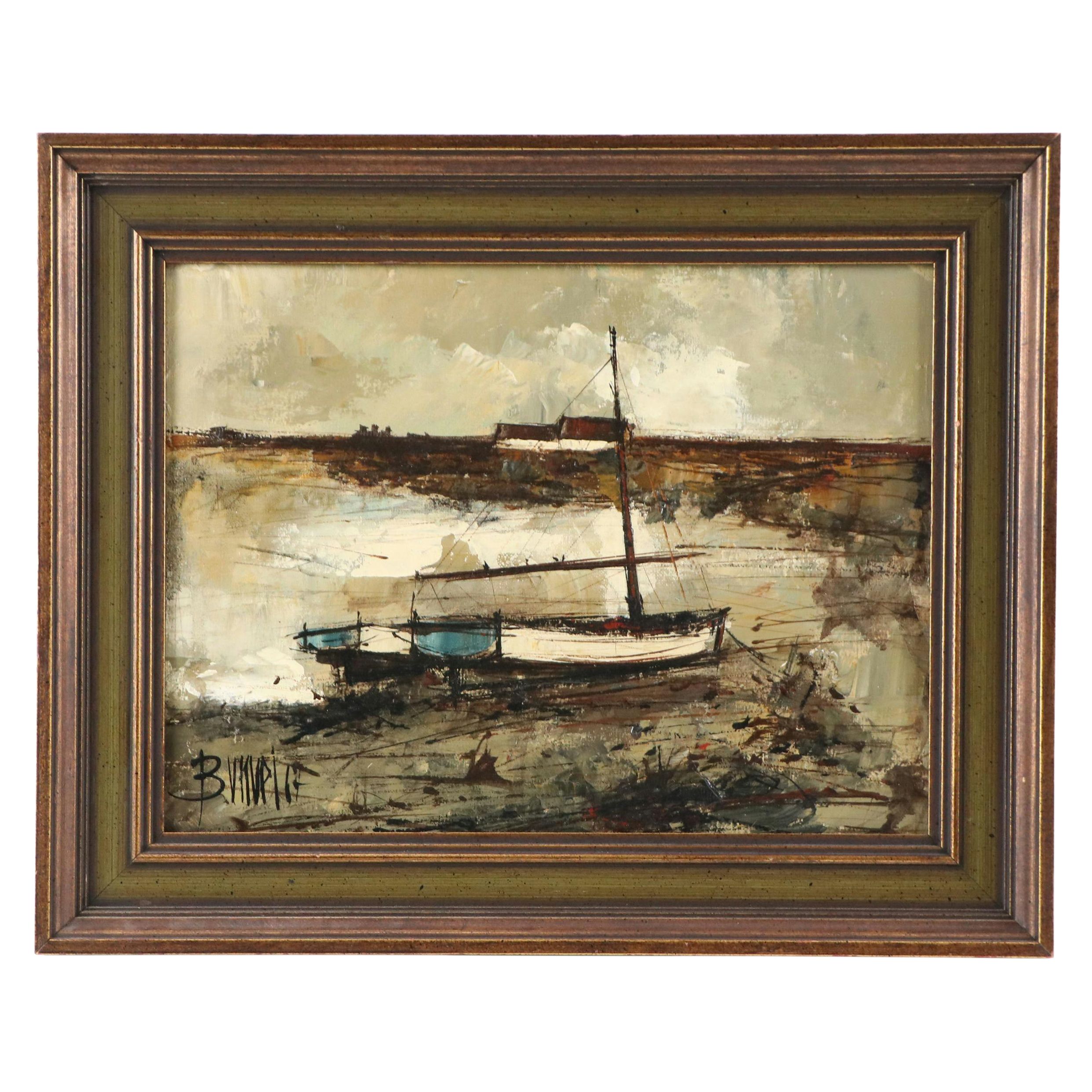 Bunuel Stylized Maritime Oil Painting of Sailboat in Bay, 1967
