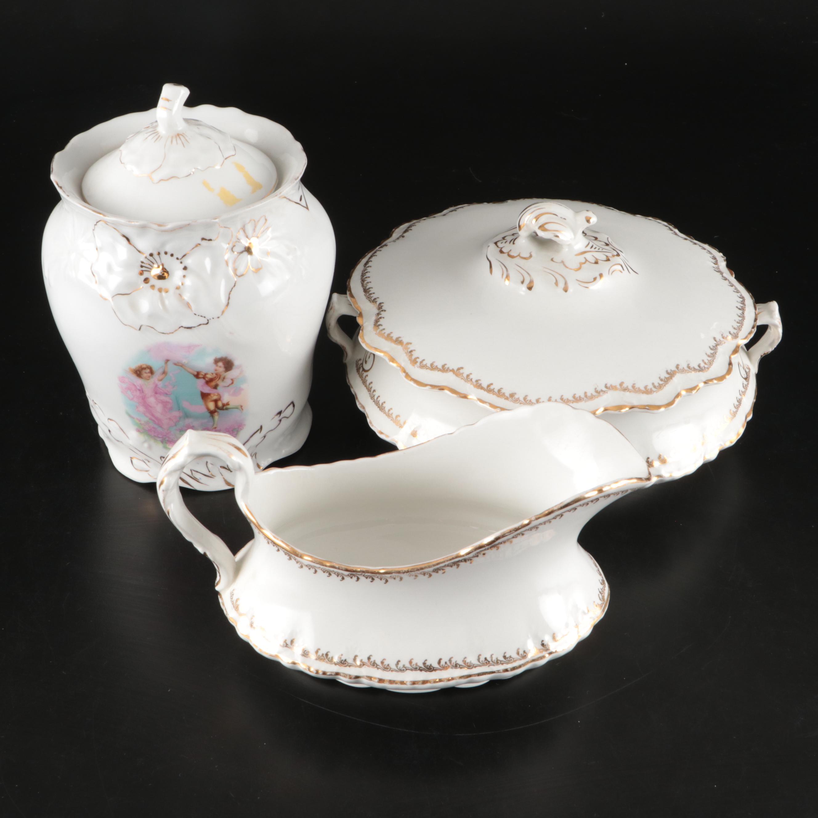 Homer Laughlin "Hudson" Gilt Ceramic Tureen and Gravy Boat with Floral Jar