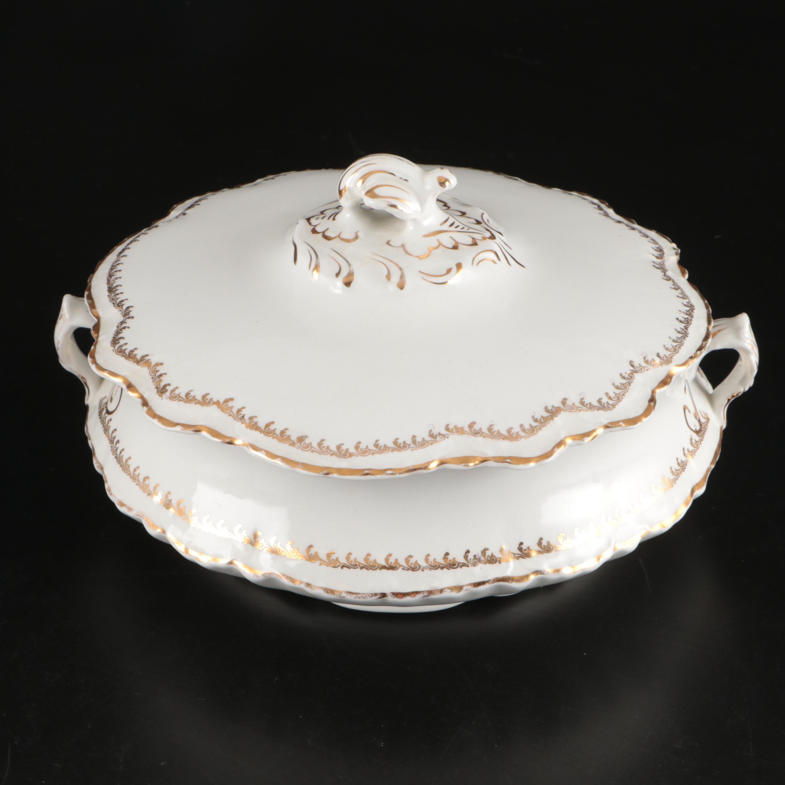 Homer Laughlin "Hudson" Gilt Ceramic Tureen and Gravy Boat with Floral Jar