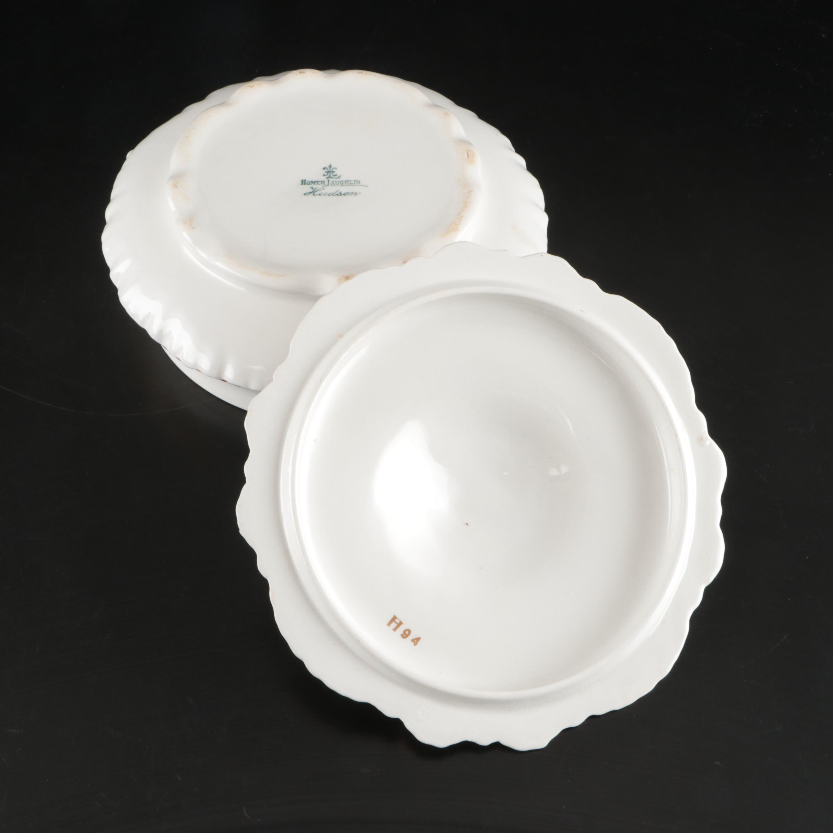 Homer Laughlin "Hudson" Gilt Ceramic Tureen and Gravy Boat with Floral Jar