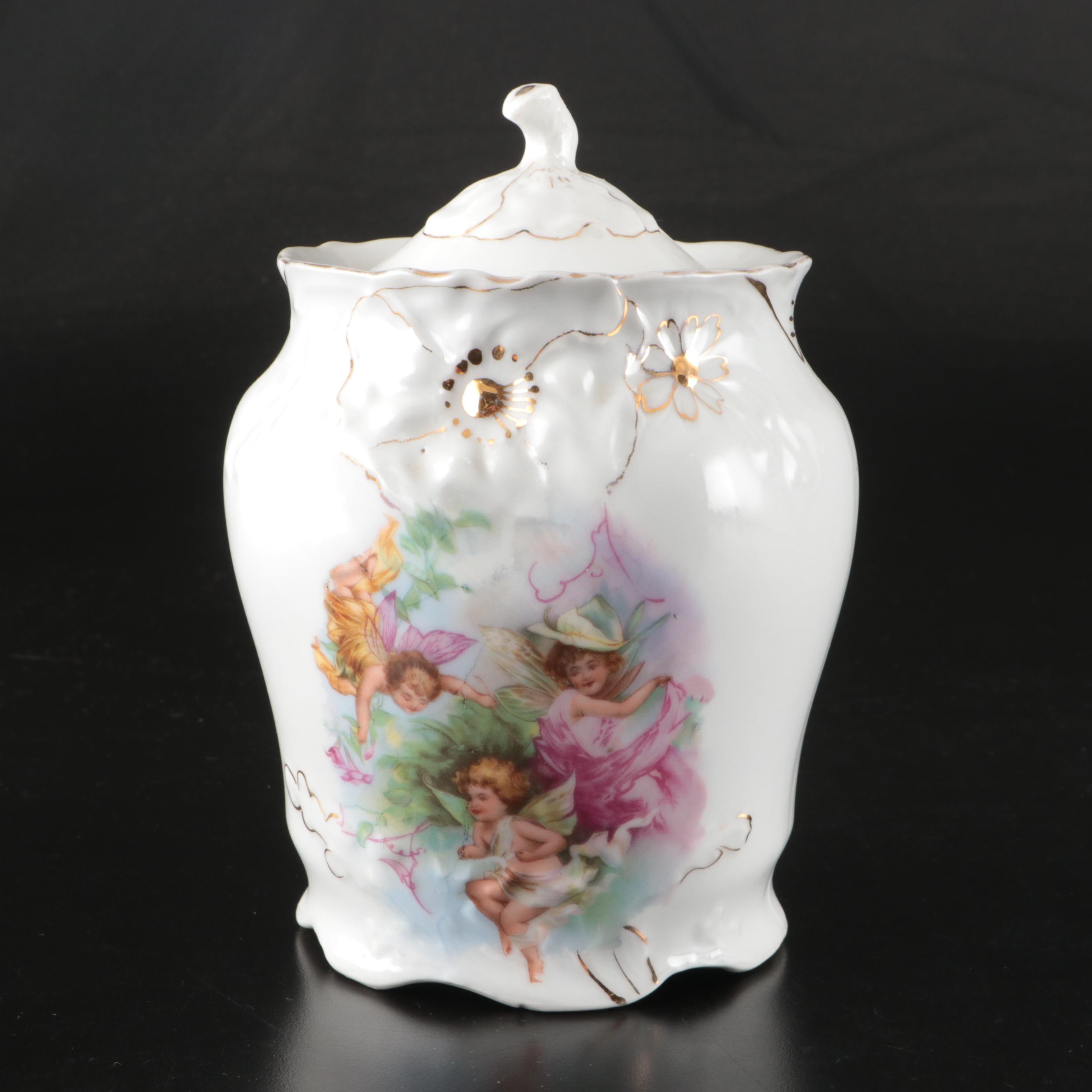 Homer Laughlin "Hudson" Gilt Ceramic Tureen and Gravy Boat with Floral Jar