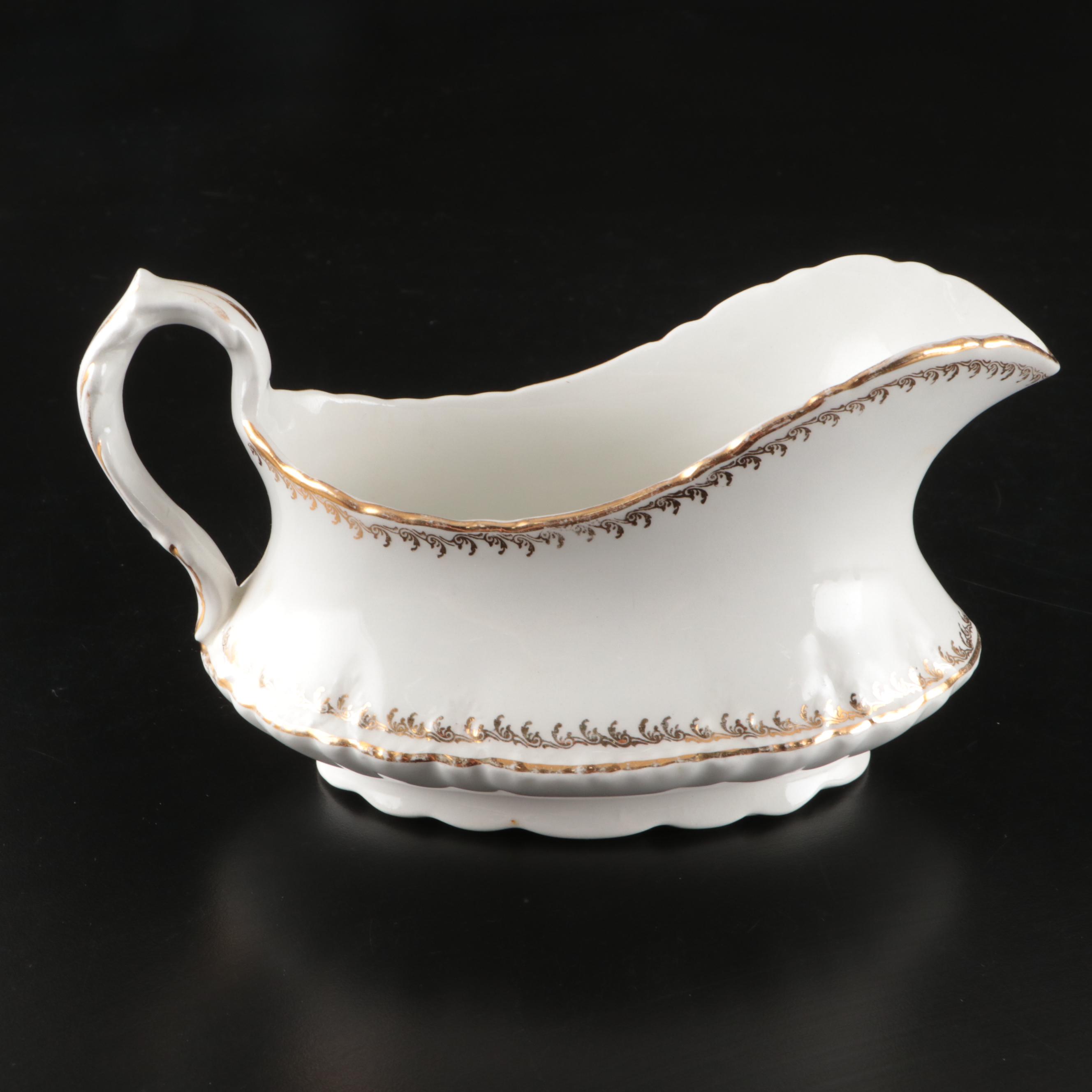 Homer Laughlin "Hudson" Gilt Ceramic Tureen and Gravy Boat with Floral Jar