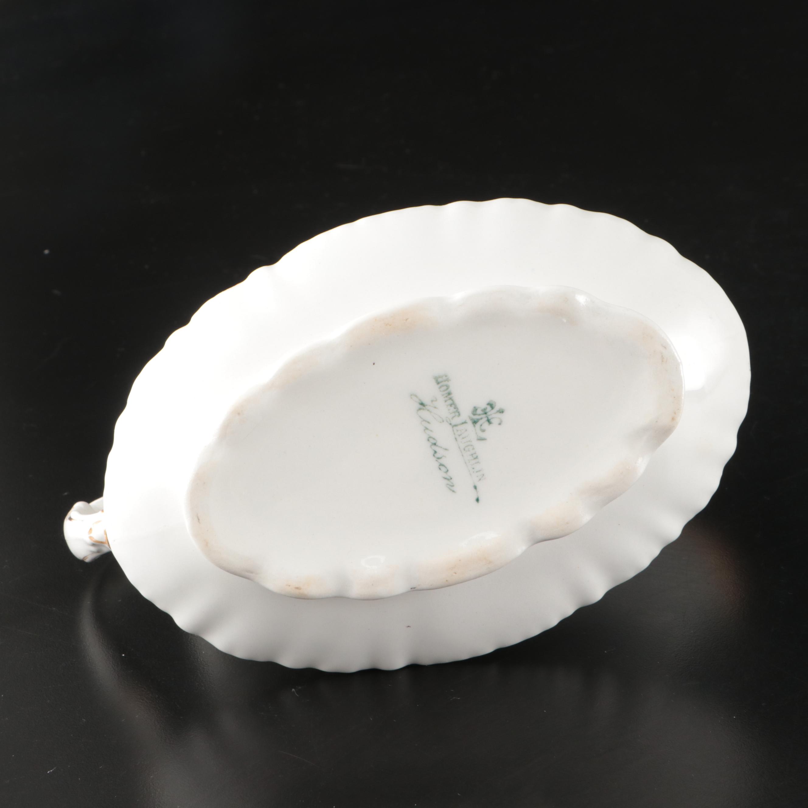 Homer Laughlin "Hudson" Gilt Ceramic Tureen and Gravy Boat with Floral Jar