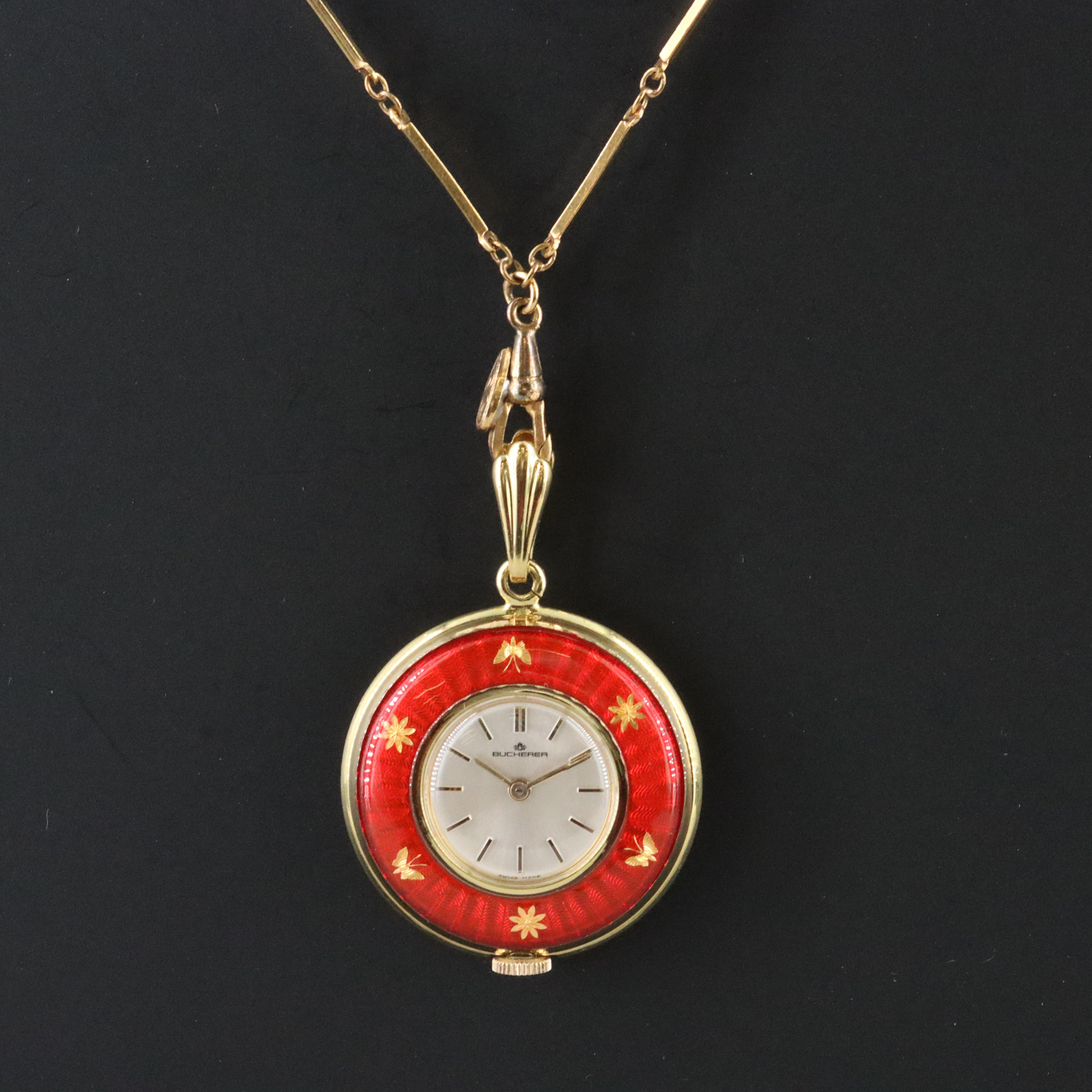 Bucherer Red Enamel Gold Tone Accents Pendant Watch
