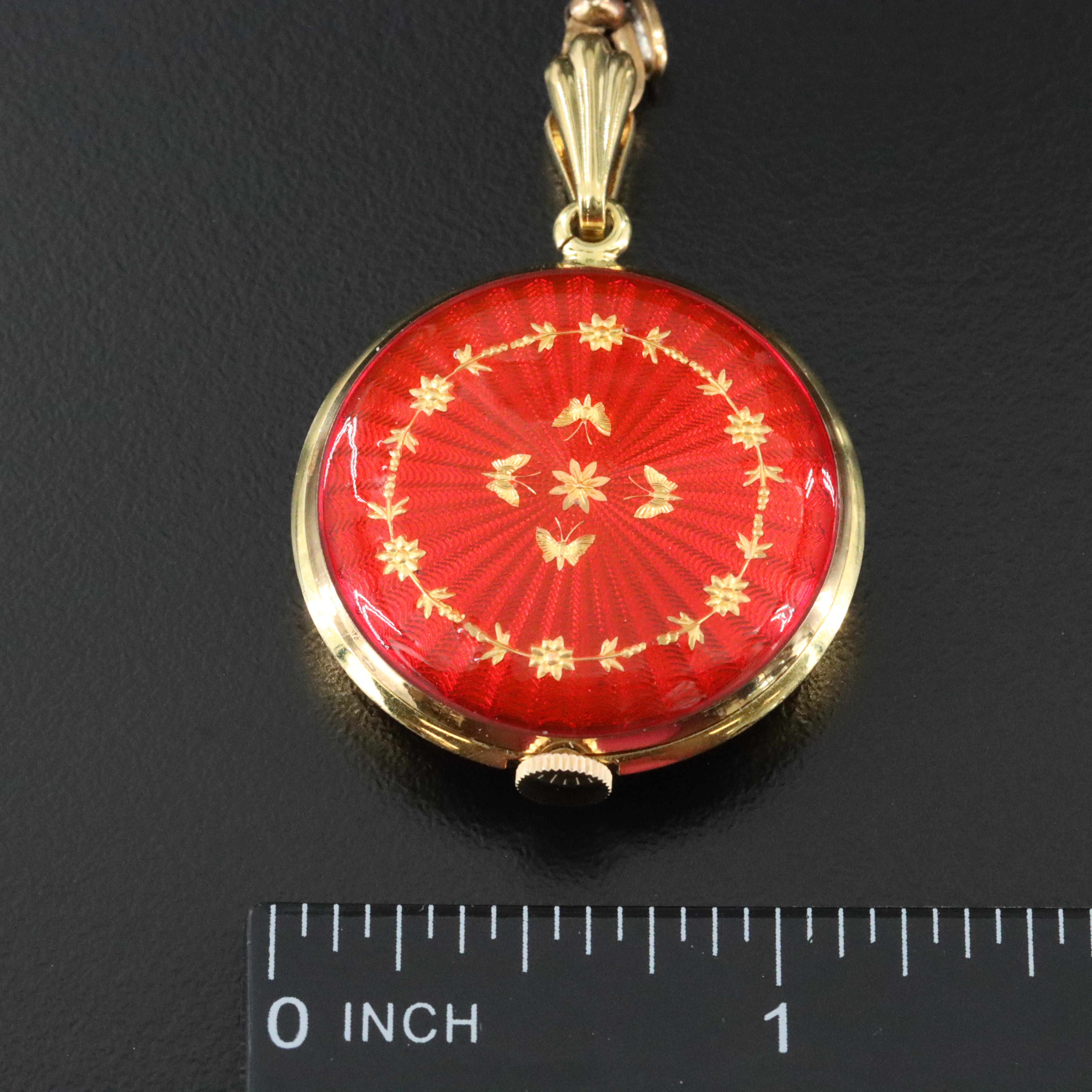 Bucherer Red Enamel Gold Tone Accents Pendant Watch