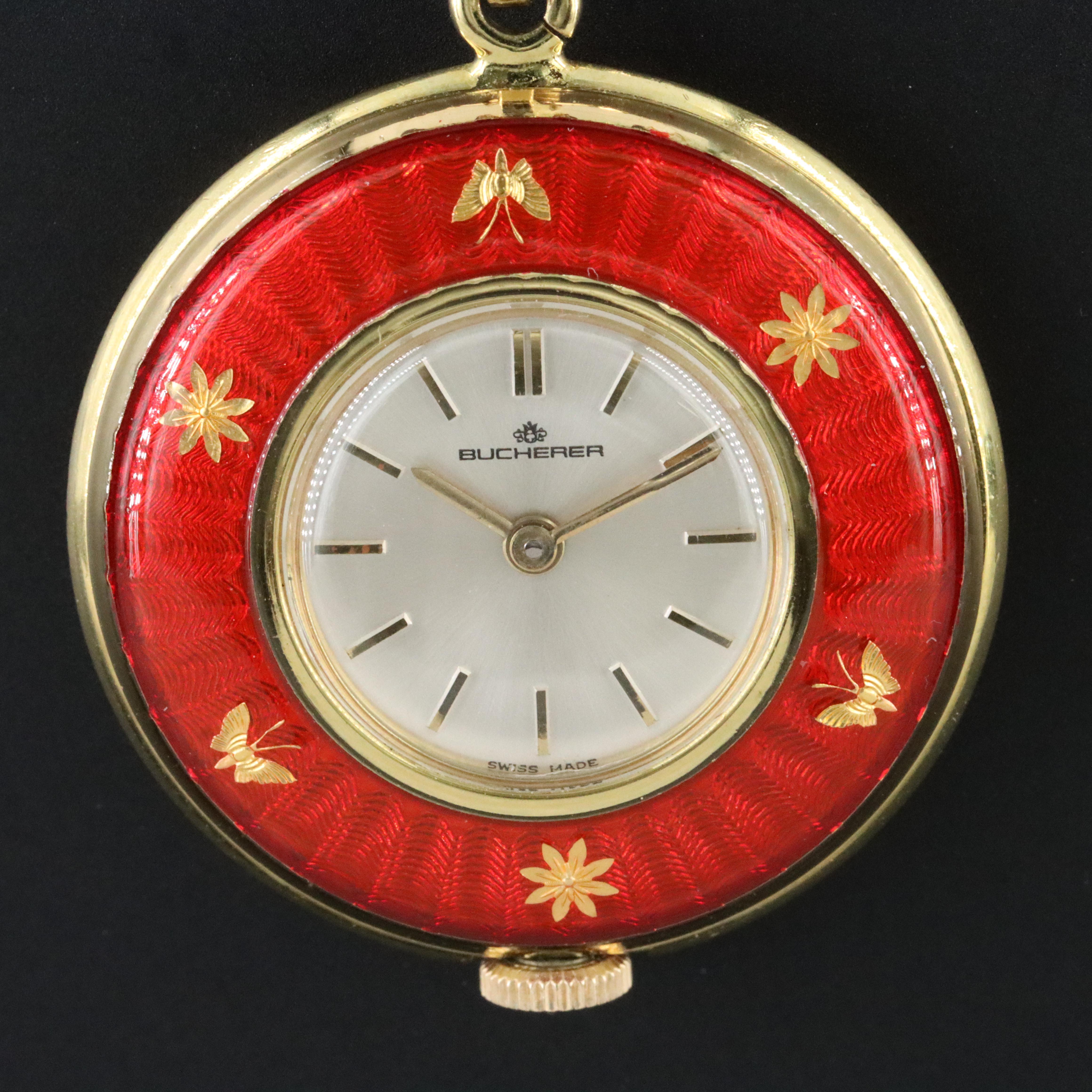 Bucherer Red Enamel Gold Tone Accents Pendant Watch