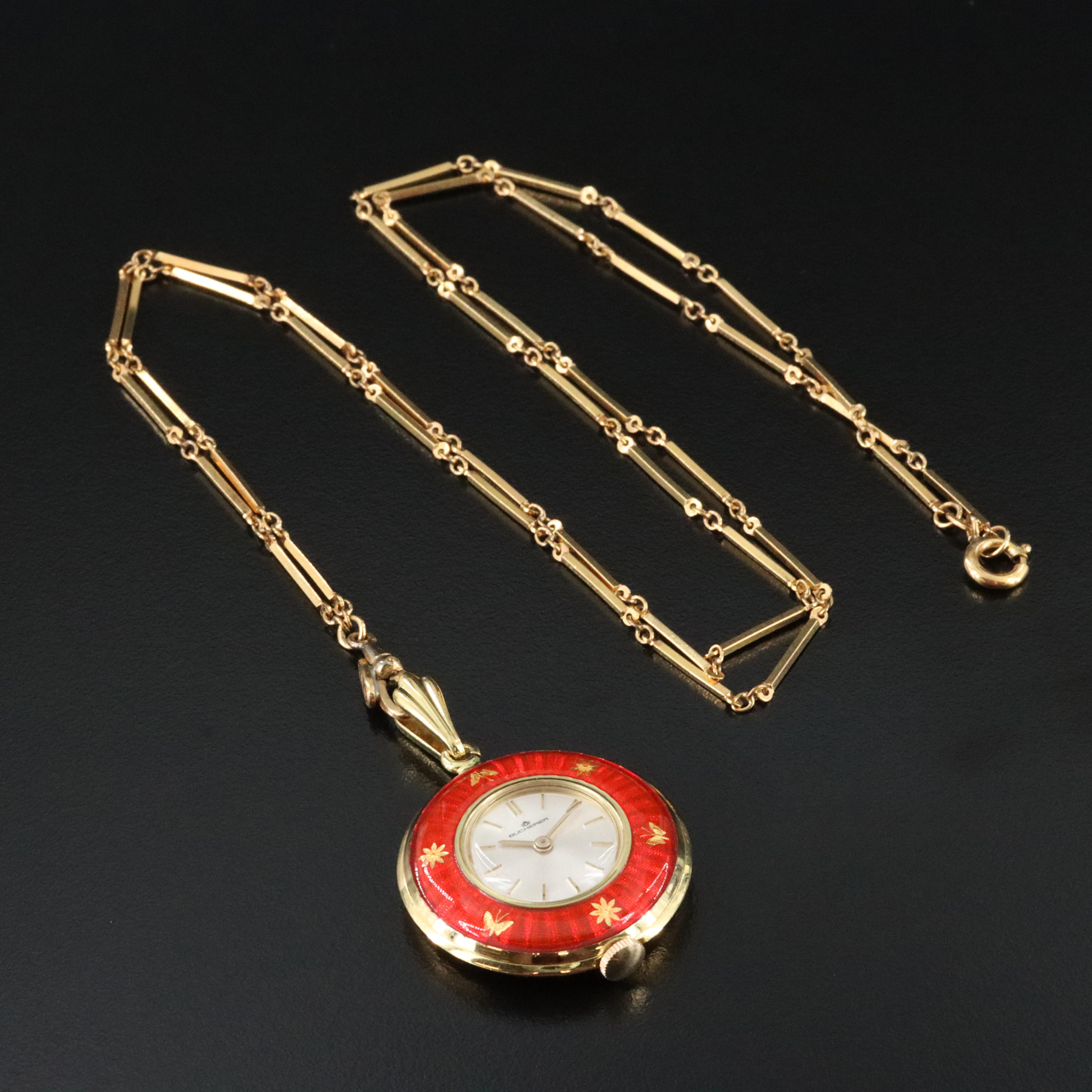 Bucherer Red Enamel Gold Tone Accents Pendant Watch