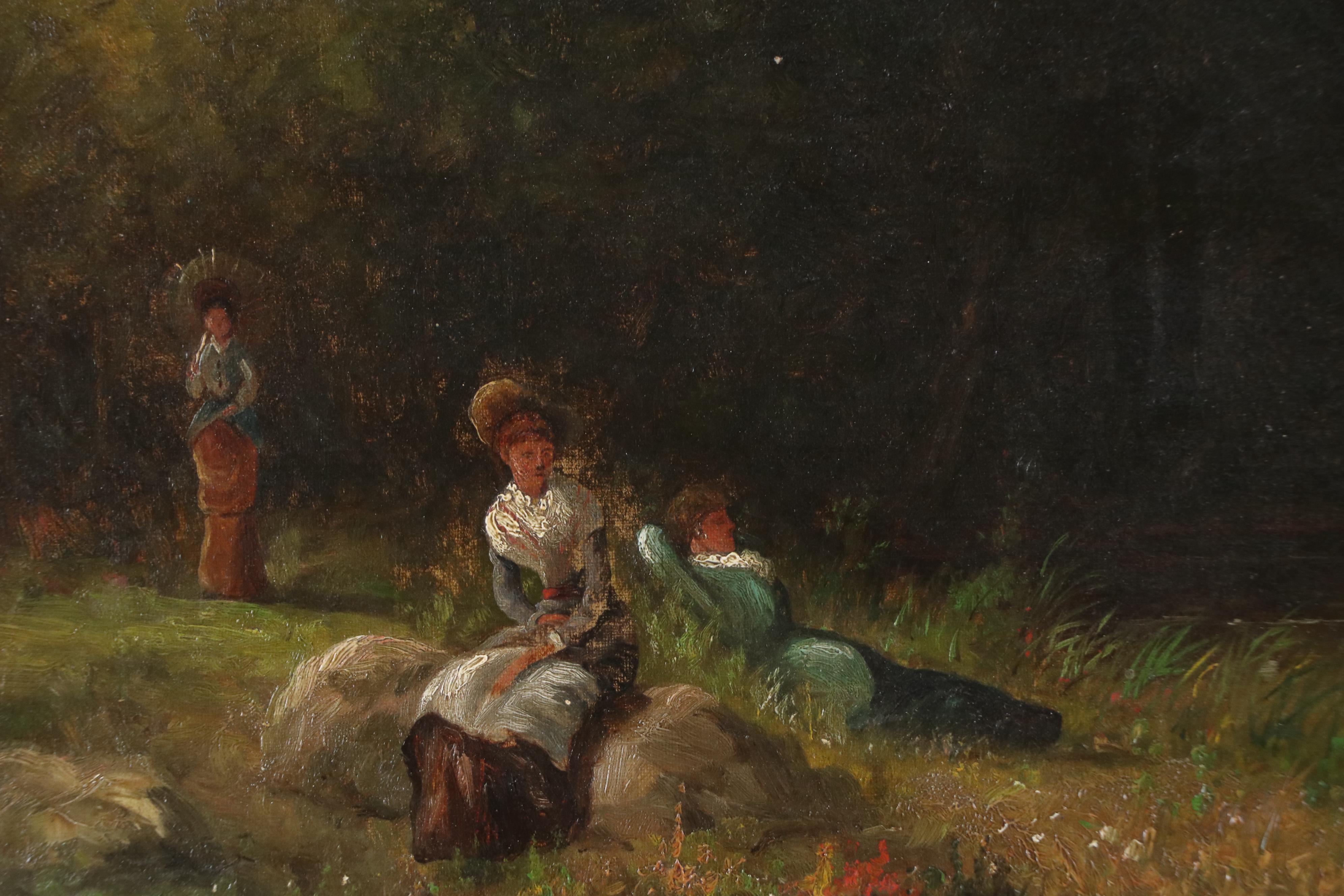 Arthur D. Jones Oil Painting of Women Lounging on Rocks, 20th Century