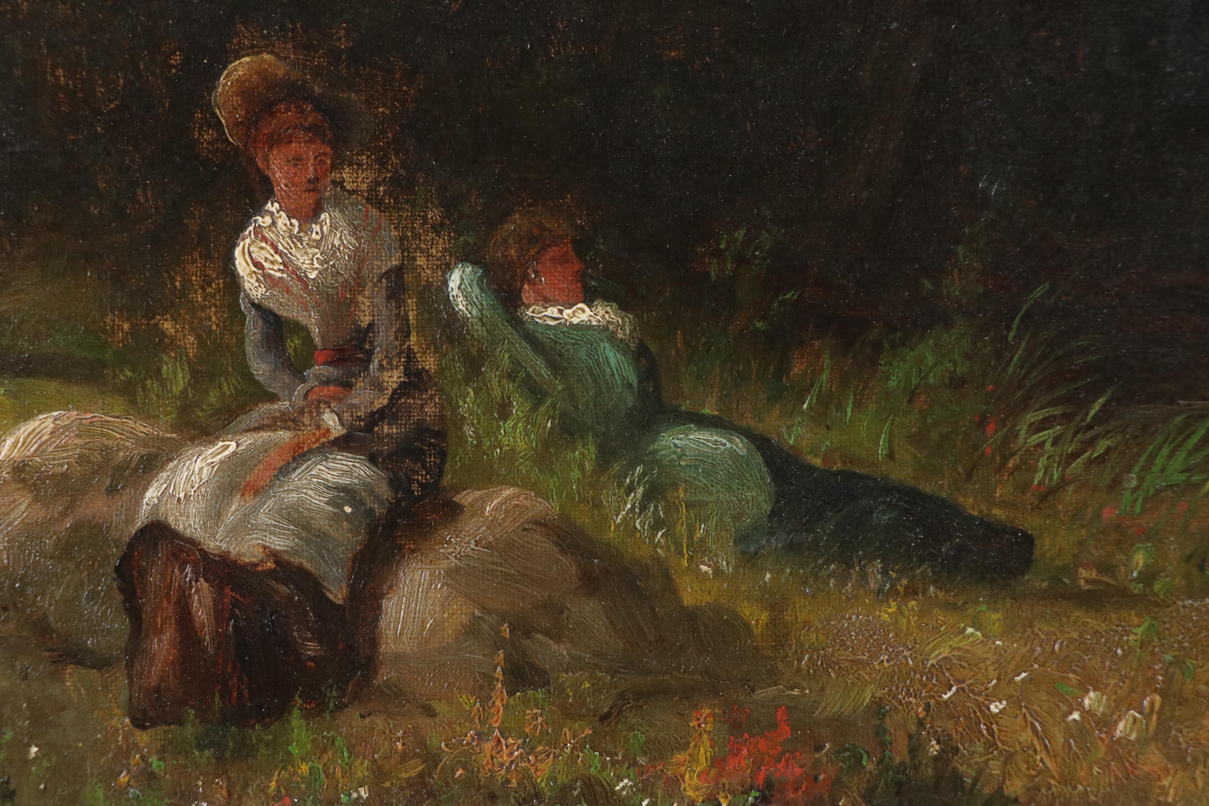 Arthur D. Jones Oil Painting of Women Lounging on Rocks, 20th Century