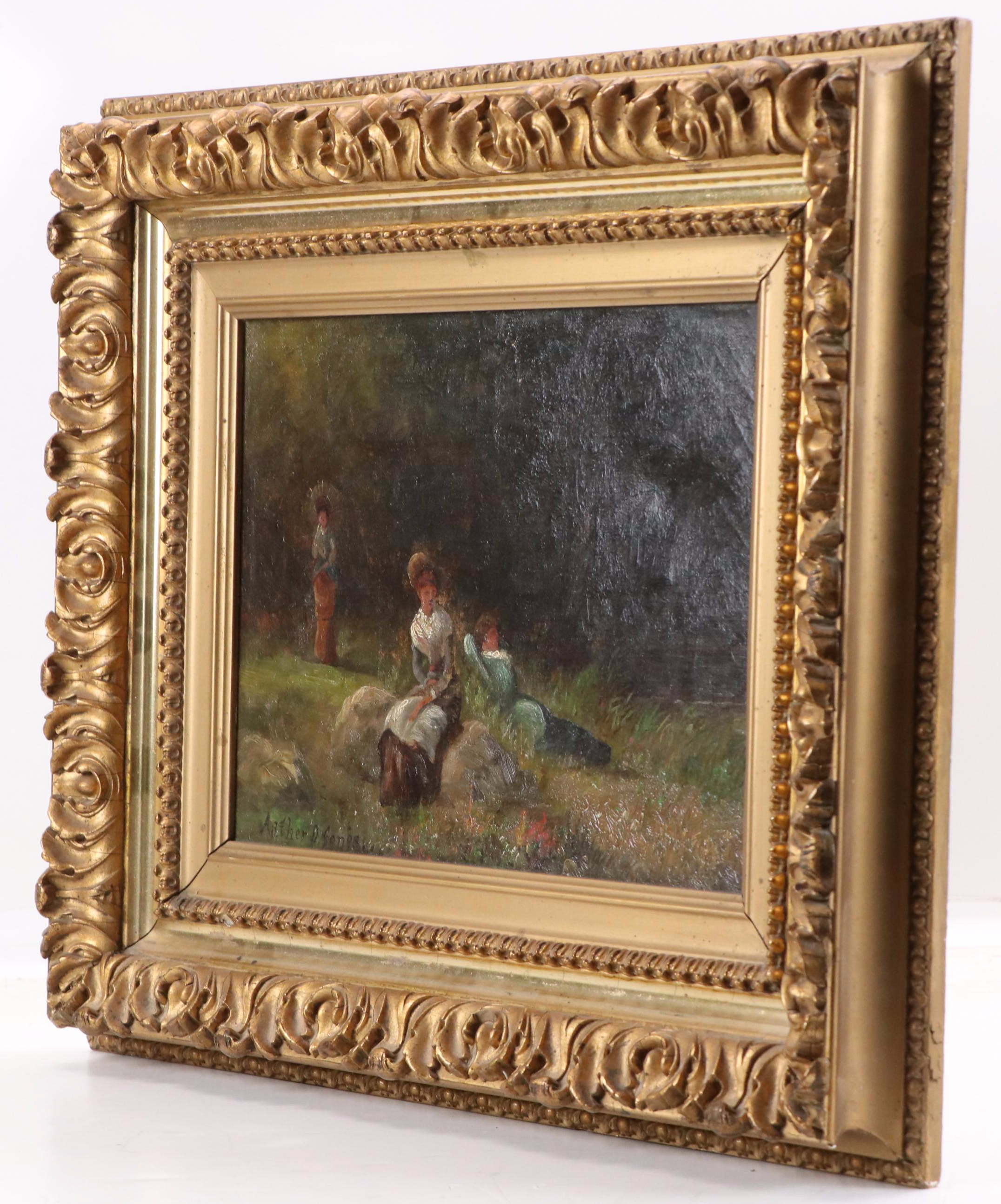 Arthur D. Jones Oil Painting of Women Lounging on Rocks, 20th Century